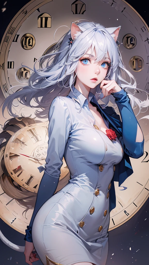 female, solo, sfw, medium shot, white hair, red eyes, tall, large breasts, long hair, ponytail, hair over one eye, hourglass figure, strong, pants, white business jacket, conference, happy smile, day, confident pose, fit, muscular thighs, broad shoulders, red curtains, luxury
