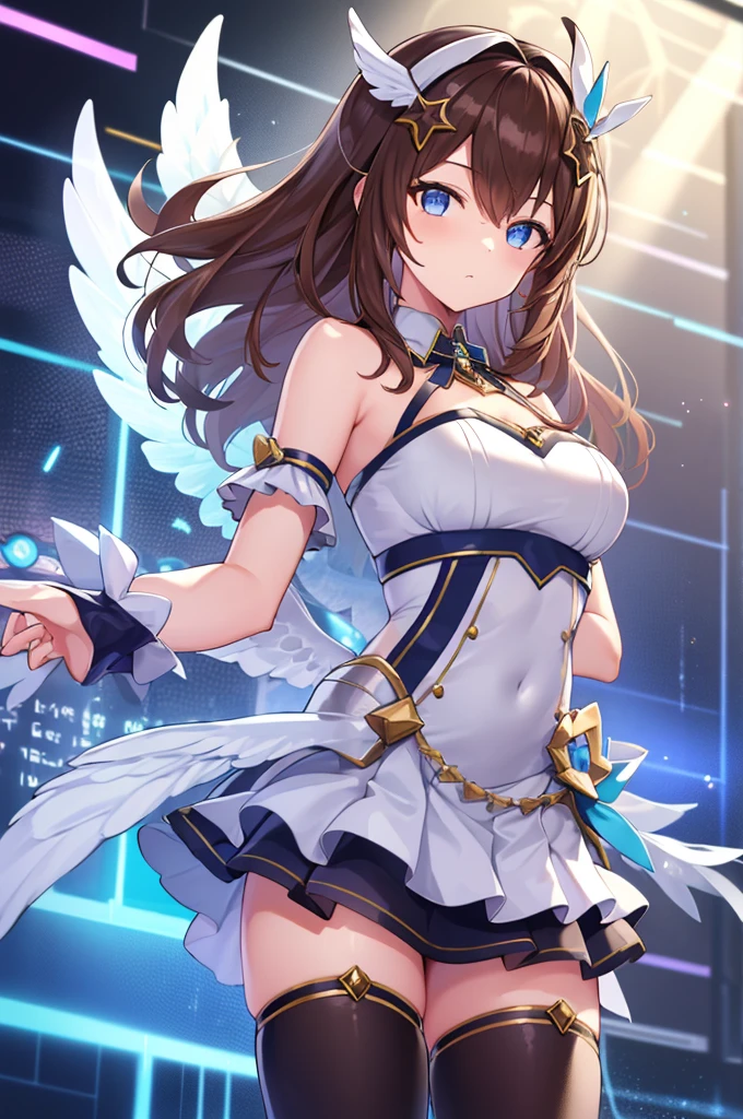 fantasy, 1angel_girl,child, ,brown_hair, medium_bob_hair, long_bangs, halo,bare_shoulder,thighhighs,silver_armor, waist_armor, large_breasts,angry,grinning,open_mouth_teeth, 1pair_wings, dynamic_pose_fighting,floating, bare_crotch, headgear,gauntlet, greaves,ocean_sky_background,slightly_spread_legs, solo, groin_naked,