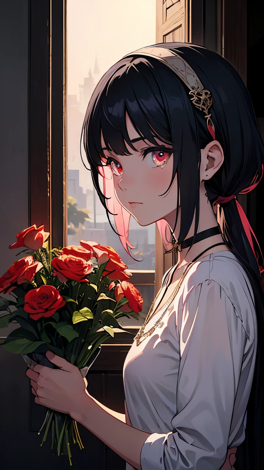 Close-up art portrait , In an ancient castle, A beautiful transparent ghost girl stands by the window in a black blanket at night , a girl with a hair band looks out the window hoping to see her lover , One, 1 girl, masterpiece fails, very detailed , Ultra high resolution , high detail , black hair , sad, Tears are flowing , cowboy shoots , jewelry , You , The light effects of the movie , divine rays , ray tracing , shooting, Gothic, Anime style, Eye bangs, Youсокое разрешение, Realistic anatomy, In detail, Hidden hair coloring , pink hair , black hair, white hair , Gothic style, Art Deco style, Gustav Moreau style painting . dark theme. There is a woman with red flowers in her hair, album cover, inspired by an image of a man wearing a white shirt and a Yanjun Cheng necklace, gaining popularity on cgsociety, Synchronism , . 4 thousand., guweiz artwork , beautiful great digital art, beautiful art illustration, great digital art, A beautiful digital artwork , glowing red eyes, surrealism, Art Deco, anime, cinematic lighting, Fujicolor, best quality, masterpiece