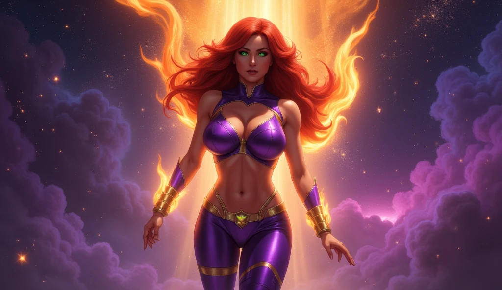 Super heroine, fire hair, leather suit, muscular body.