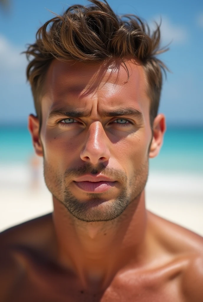 photo of a stunning handsome Dutch man, blue eyes, short messy windy blonde hair, flipping hair, closeup zoomed in tight crop portrait, walking down a (paradisiacal beach scene:1.2) wearing a (sunglasses surfer shorts no shirt:1.3) (beach slippers on his hand:1.3) (Lighting-Gold:1.2) foreground objects background details (masterpiece:1.2) (photorealistic:1.2) (bokeh:1.2) (best quality) (color grading) (detailed skin:1.3) (intricate) (8k) (HDR) (cinematic lighting:1.3) (sharp focus), messy windy hair