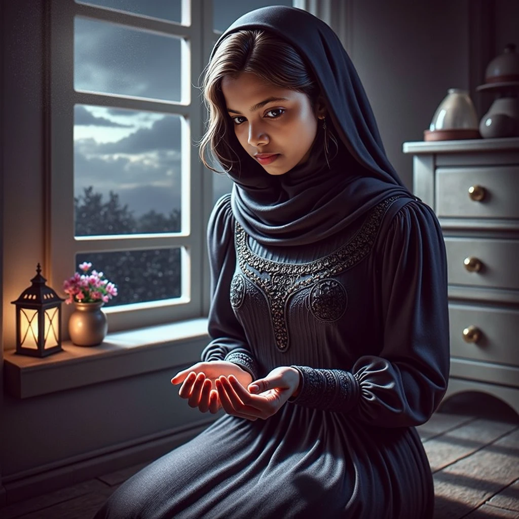A Portraying a professionally shot art potography portrait, 8k uhd illustration of a highly detailed, sharp, vivid and ultra realistic representation of a beautiful 18 year old girl, with a round and clean face, sitting by the window at night, gazing at the viewer, wearing a cream hijab patterned with various Arabic letters until it covers the front chest, and wearing a slightly darker blue Muslim abaya dress with a full skirt, barefoot, candles burning on the sides of the window emitting a warm glow, a large window with multiple panes framed by billowing curtains, a blue night sky full of stars and moon, a quiet devotional atmosphere with a touch of romance or fun, a realistic portrait style with rich and warm tones creating intimacy in the atmosphere.the silence of a beautiful night