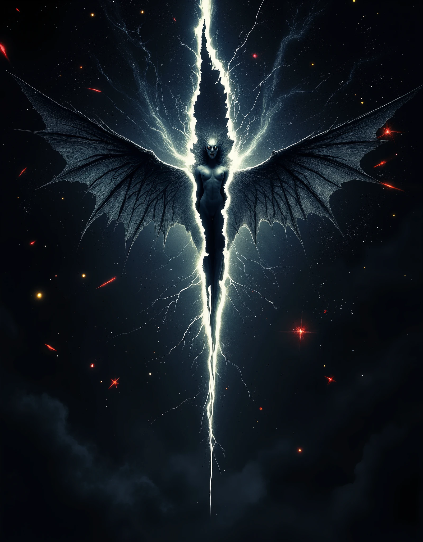 View from below. A huge night sky with a distant horizon. A huge jagged crack in the center. A frightening and beautiful scary demoness is flying out of the crack. Wings tormented by starlight.pieces of the sky are her wings. Horror, dark fantasy, bright colors, astrographic, lightning, red and yellow sparkles. inspired by James Jean, Beksiński and Yoshitaka Amano. atmosphere of inevitable horror. Epic, impressive, ultrafine, breathtaking surreal masterpiece smooth texture, in a perfect composition. the art of Stanley Lau and Artgerm
