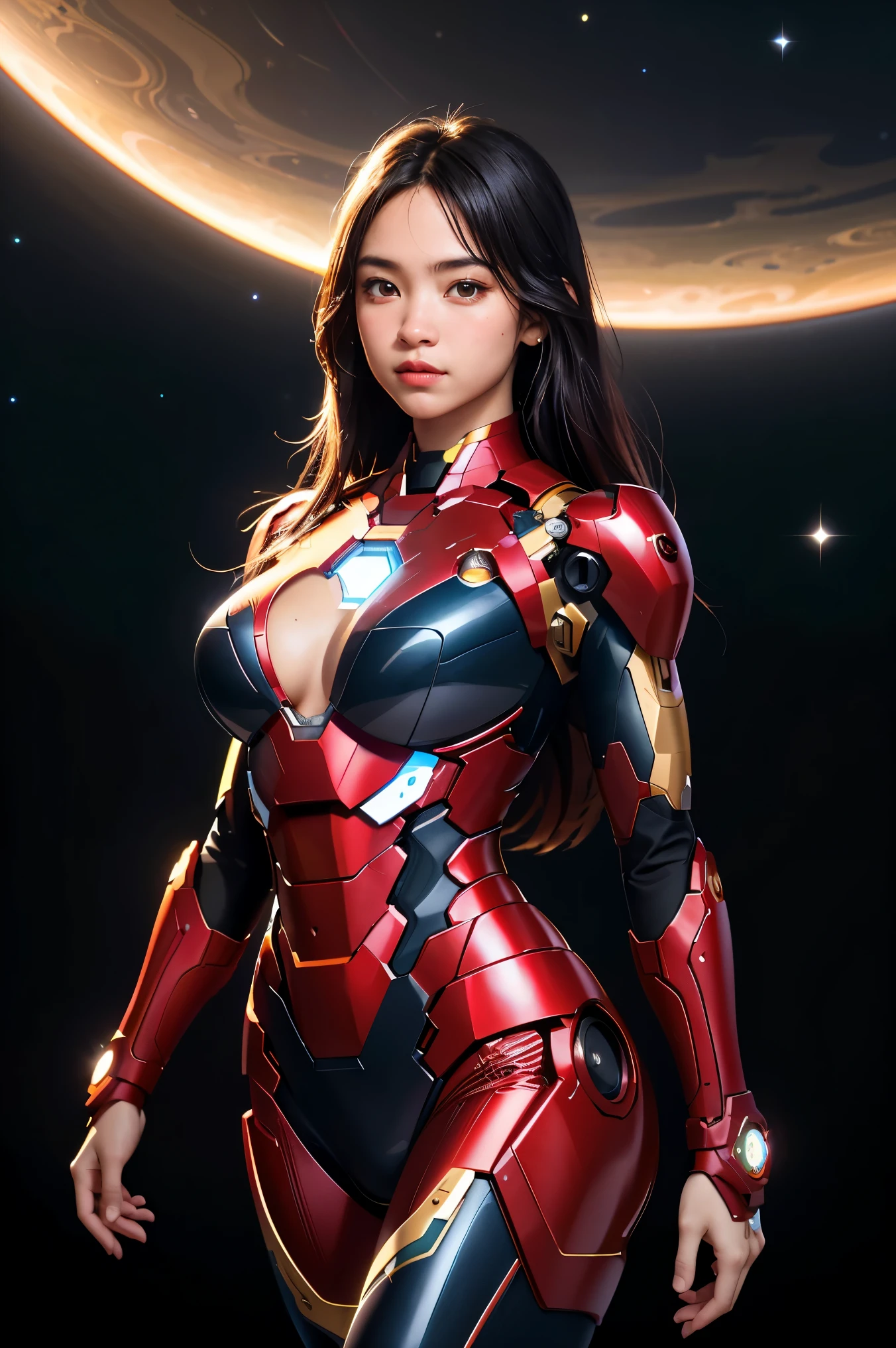 Primitive, Masterpiece, super thin photo, Best quality, Ultra High Resolution , photorealistic , In the cosmic nebula,Full body standing photo, Incredibly beautiful, Cowboy fighting pose, Delicate face,Vibrant eyes, (frontage), huge boob,The Iron Man mech she wears, Black color scheme, The whole body glows like a diamond,Cosmic stellar background, Highly detailed, Detailed face, Gorgeous, Highly detailed skin, Realistic skin details, Visible visible, Sharp focus, volume fog, 8K UHD, SLR camera, High quality, filmgrain, light-skinned, Photorealism , DL, In the distance is Saturn,