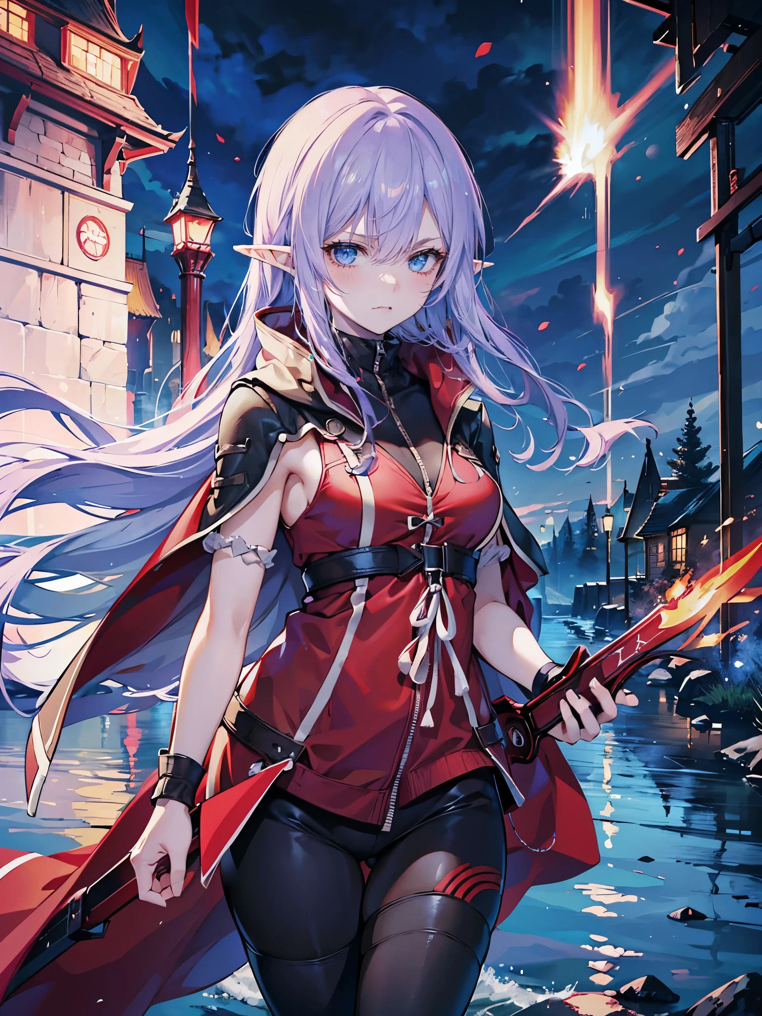 High Resolution, High Quality, High detail, riverside camp, night, 1girl, lavender hair, long hair, blue eyes, medium breasts, half elf ears, red cloak, red tunic, black scarf, black leggings, black combat boots, (holding red sword), looking at viewer, ((angry)), feet in water