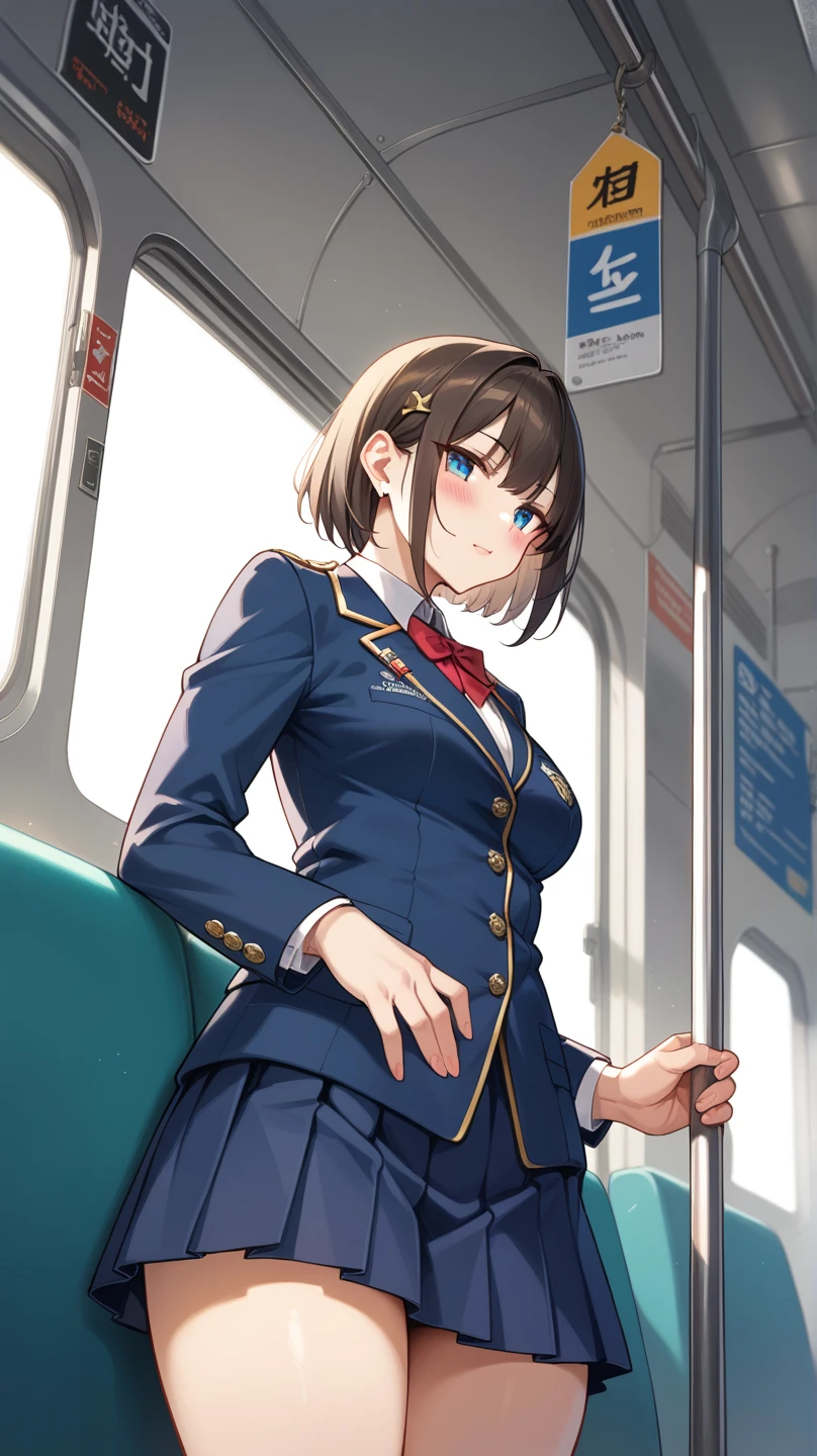 ((masterpiece)),((best quality)),ultra-detailed,illustratio,Explicit,Beautiful body,Beautiful Nose,Beautiful character design,perfect eyes,perfect face,wallpaper,ultra highres,4K,photography,(Beautiful, large breasts:1.2),(beautiful face:1.2),(beautiful ,wide hip:1.2),(meitantei conan \(style\), detecive conan \(style\), meitantei conan),anime screencap,official style,Mori Ran,(black hair, long hair, wavy hair),shiny skin,faint lips,scarf, BREAK,blue eyes, jacket,necktie, blazer,BREAK, 1girl,solo,cowboy shot,blush happy smaile,embarrassed,breath,in heat,tongue out,standing,open stance,lift skift by self,show white panties,leaning forward,dropping sexual fluids,public hair,pussy juice stain,cameltoe,BREAK,looking through legs,looking ahead,from behind,on the train,crowd