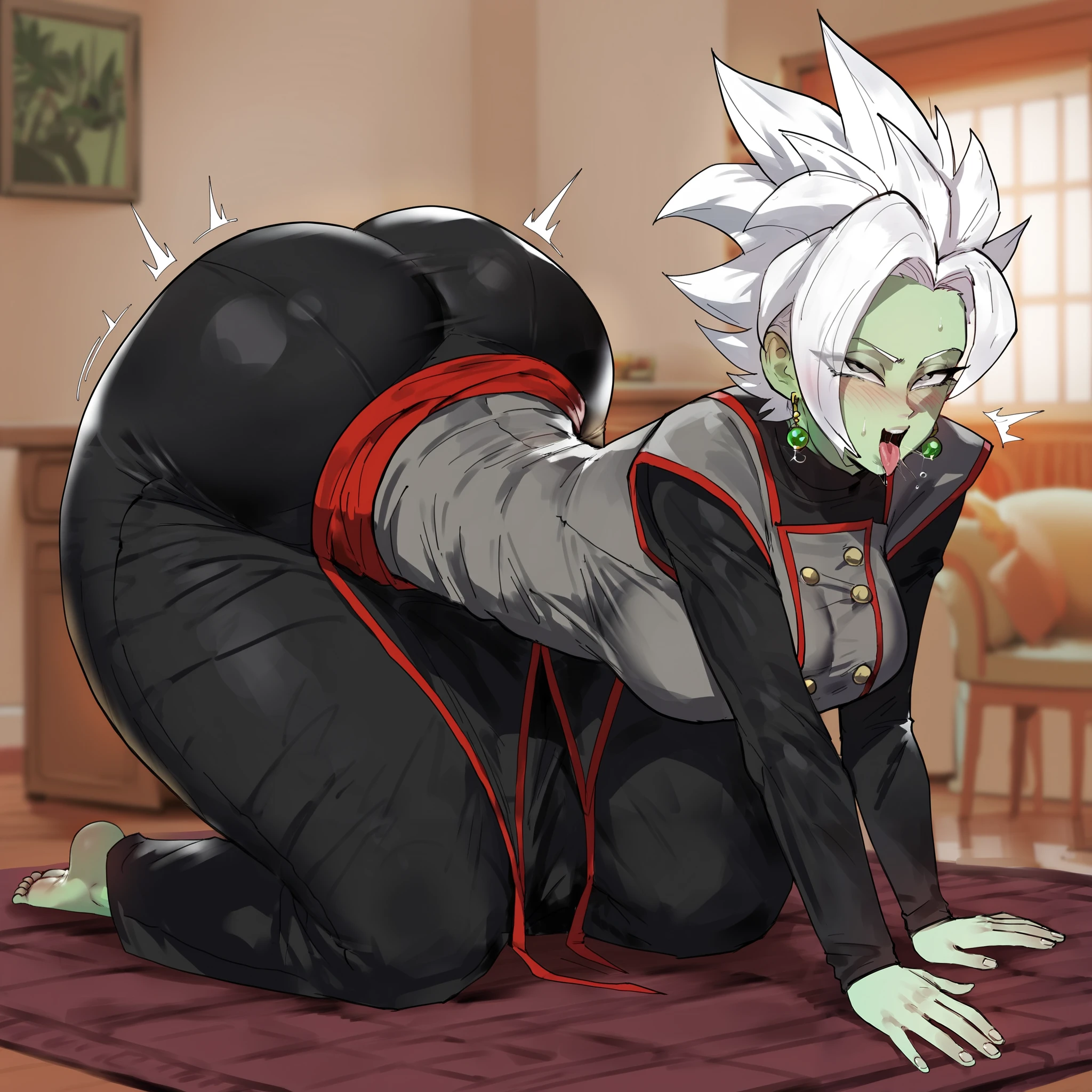 score_9, score_8_up, score_7_up 1girl, solo, large breasts, colored skin, green skin, spiked hair, white hair, grey eyes, earrings, really skinny, 40 years old ,looking at the camera, potara earrings, green earrings,black shirt, long sleeves, shirt under tunic, grey tunic, shoulder pads, red trim, gold button, red sash, baggy pants, black pants, hourglass figure, ahegao, up from behind, ass focus, wide hips, thick thighs, huge ass, hand on ass, looking at viewer, half-closed eyes, indoors, sitting, doggystyle, laying, assview, normal feet