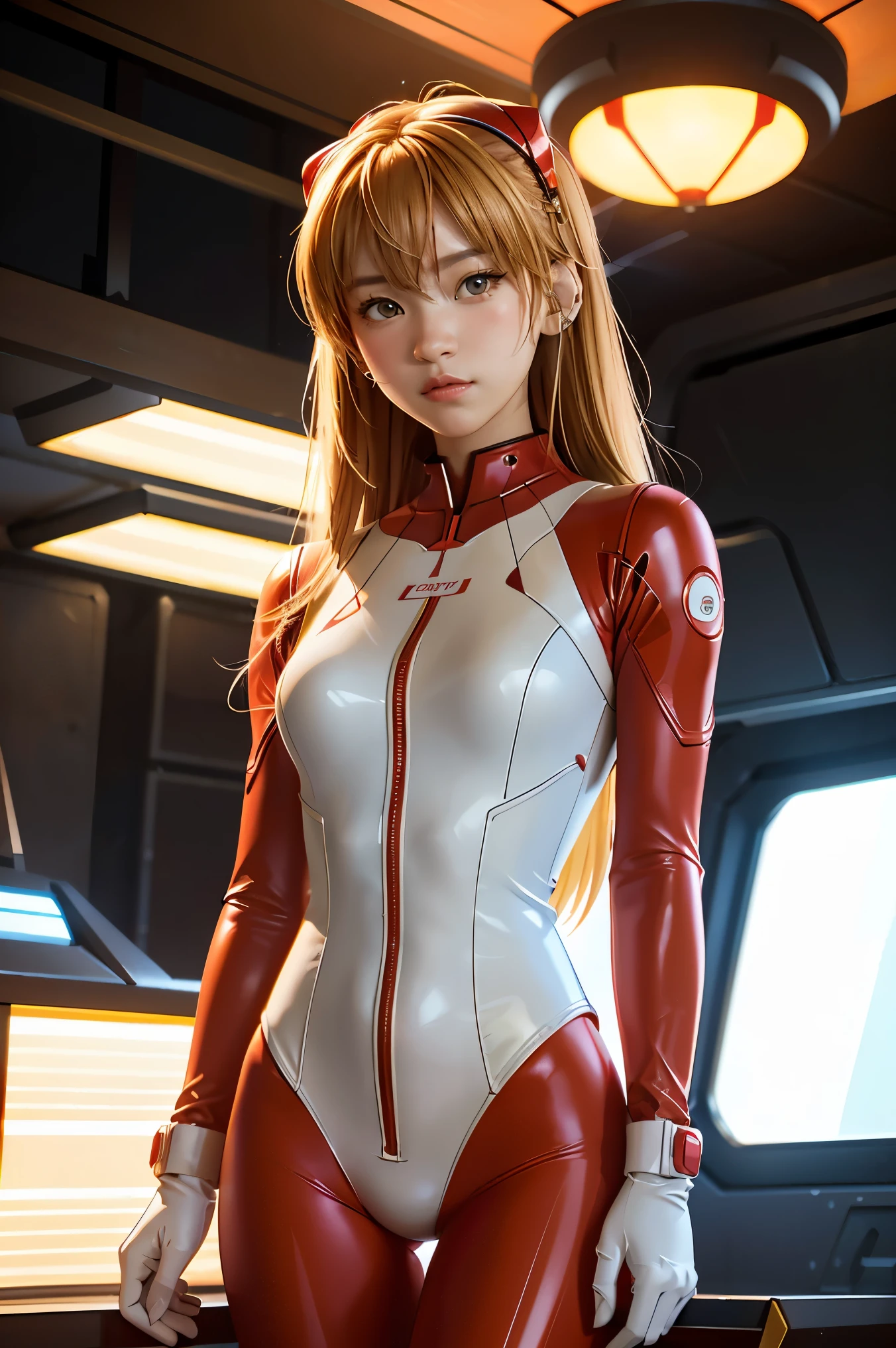 (Overlooking figure),Dynamic Angle,Super detailed, figure, close, Straight, One girl, 
 ((Soryu Asuka Langley, Interface Headset, Red bodysuit:1.4, Blonde)),Her eyes shone like dream-like stars,(Glowing Eyes:1.233),(Beautiful and detailed:1.1),(Expressionless,Mouth closed),(Are standing), 
(In a white spaceship、Mechanic room with tools and spaceship window),
(night:1.2),dream-like, [[Delicate fingers and hands:0.55]::0.85],( Finger details ),