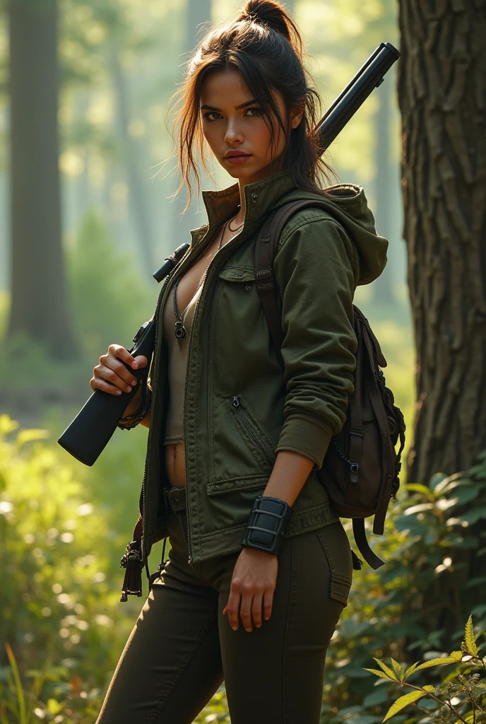 Movie poster, big chest woman, troop green pants, 1 belt, holster with pistol, just one body, front view, forest, waterfall, night