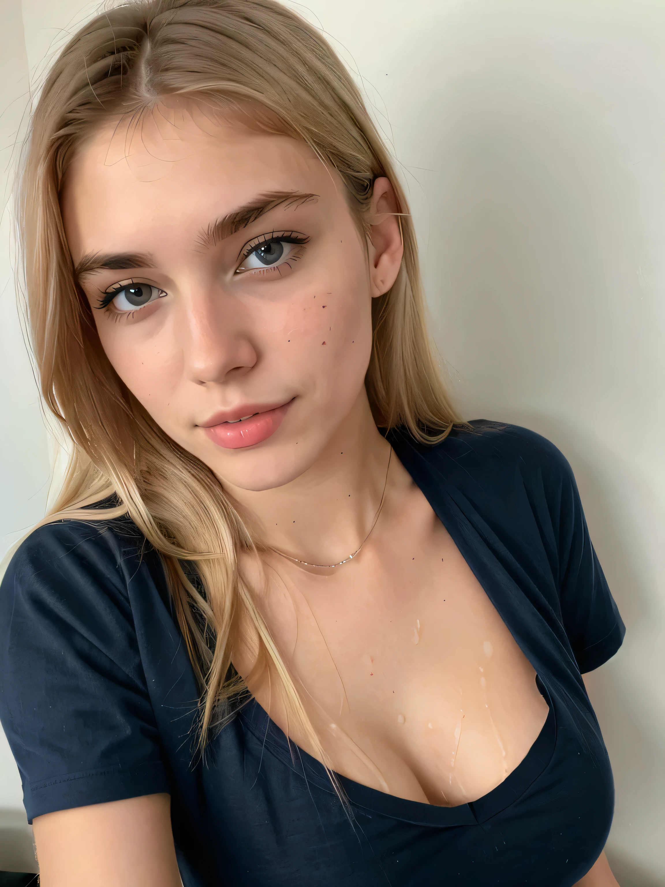 Photo of a 20 years old blonde, (Supermodel face), wide lips, big dark blue eyes, Thin eyebrows, thin nose, long eyelashes. red t-shirt with cleavage, the face looks straight into the camera from the front, Ultra textured. cum on cloth