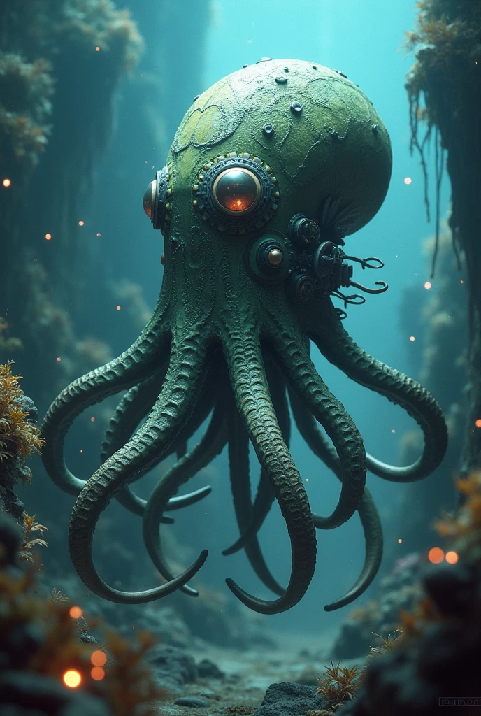 Under the veil of nuclear contamination, Marine life around the world began to mutate, Transform into a monster. The entire painting is covered in fluorescent green tones., Symbolizes nuclear radiation. Light pours down from the water, Strange shapes that illuminate these mutant organisms. This photo has a wide depth of field, The endless sea is filled with the images of these monsters, Paint the big picture.,Kunsei Magazine,