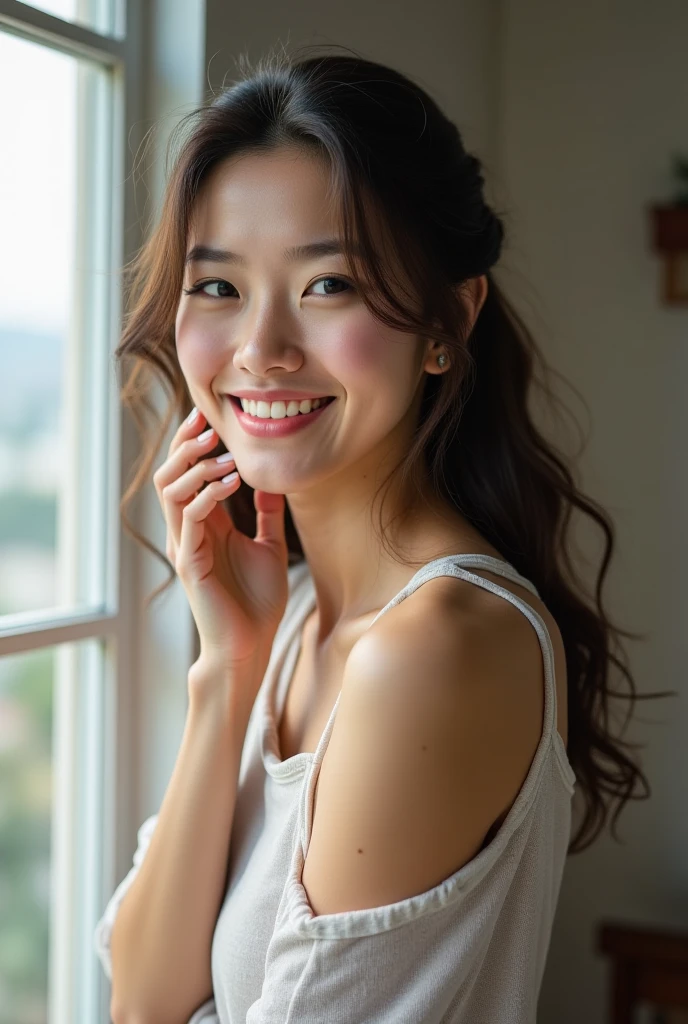 The face is a hostess、White bra、hiquality、A hyper-realistic、healthy、Smiling expression、Slender perfect figure、美丽的面容、Japan beauties、beautidful eyes、face perfect、Beautiful skin、by the window、High-rise hotels、Bedrooms