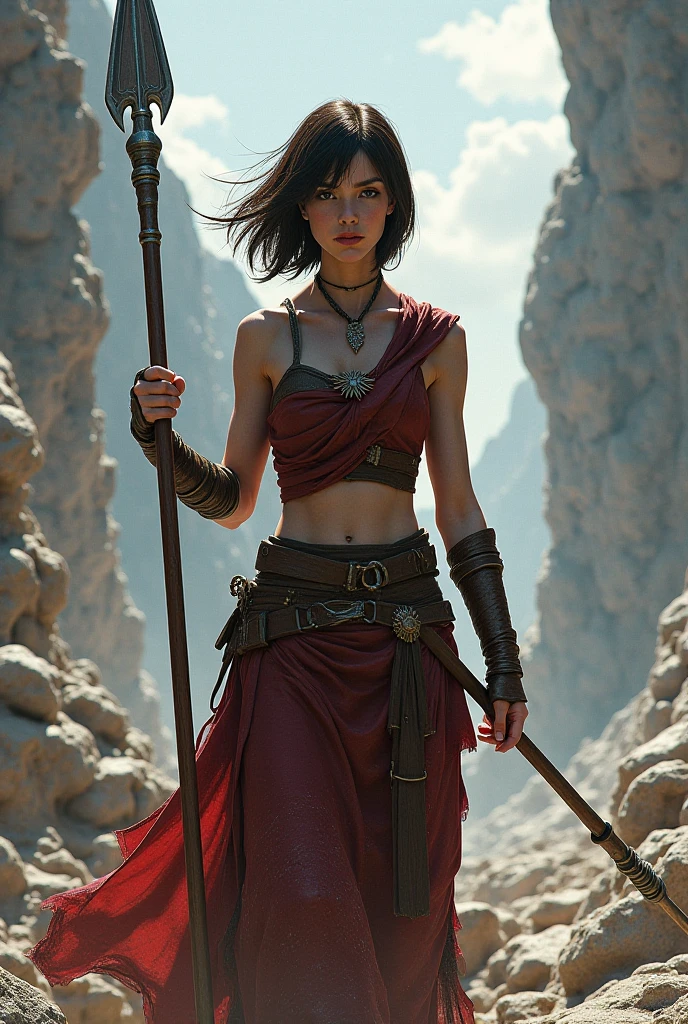 A beautiful woman with short black hair which stopped at her shoulders, her pale red eyes and muscular body beautifully swinge her sword, her feet burning from the sand ,her red eyes , was beautiful, her outfit was a black fit, her sword was in her hand as blood dripped from her nose