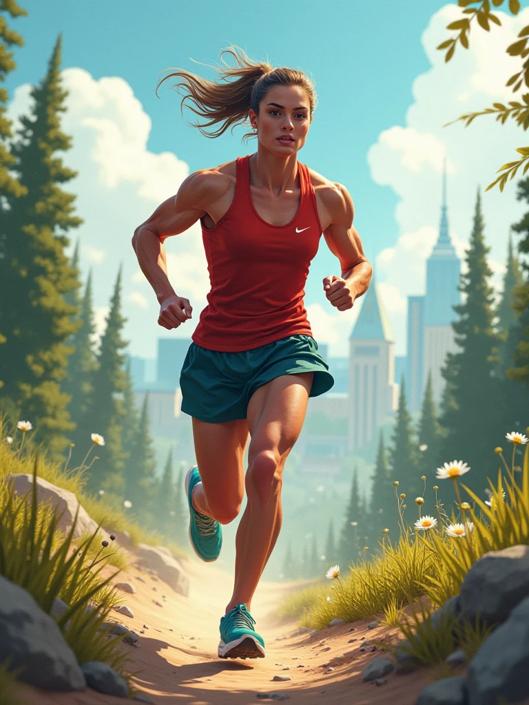 inked, best quality, 8k, sharp focus, intricate, a woman jogging in a (park), sun rising in the background, casual jogging clothing, (running towards camera), realistic skin, motion blur background, sports bra, sweating, sport shoes,  <lora:GoodHands-vanilla:1>