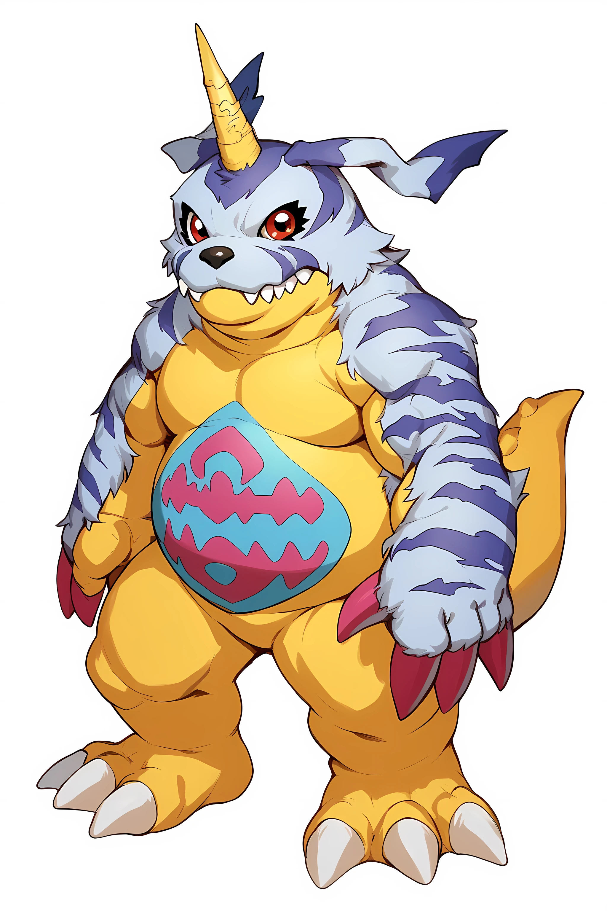 gabumon, digimon, single horn, claws, red eyes, sharp teeth, creature, monster, chubby, pudgy belly, blue and pink markings on belly, blue fur pelt, yellow body, three toes, simple background, white background, solo, pecs, flat color