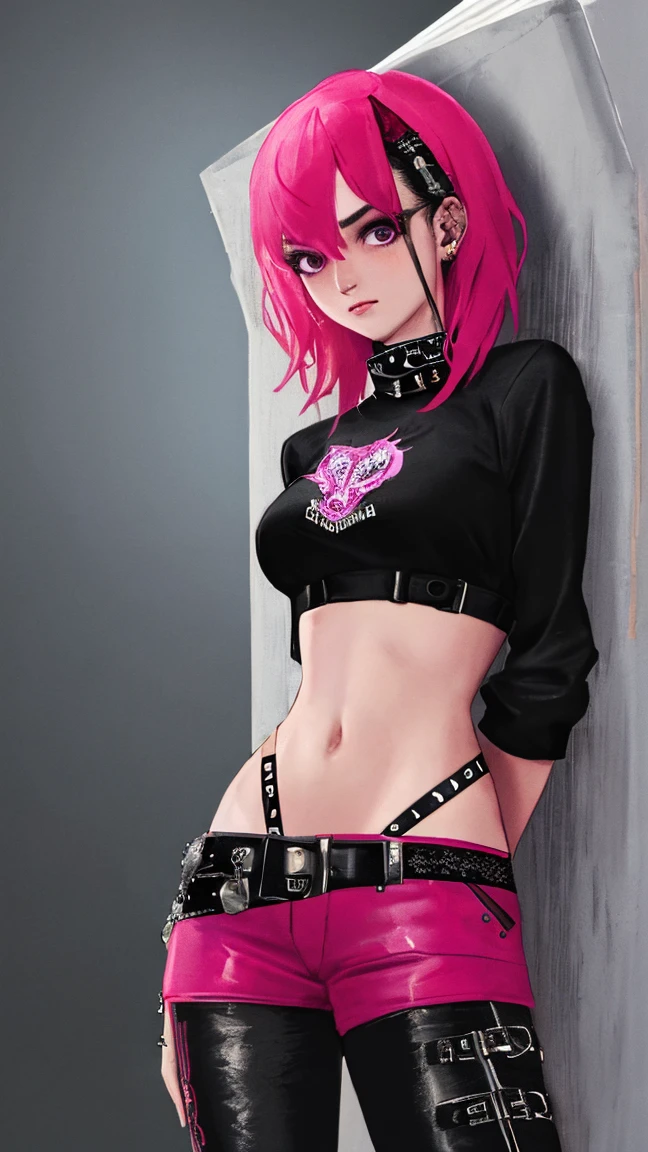 anime_still, masterpiece, best quality, 1girl, Gasai Yuno,pink hair, (large breasts:1.5), wearing a black choker, wearing black leather jacket, wearing blue jeans,