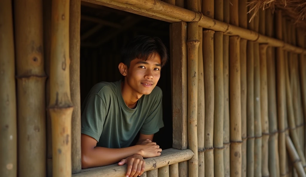 Photorealism 1.4 realistic realism high detailed definition Malaysian orang asli teen native aborigines wearing red shirt short laying on bamboo floor bamboo hut leaf roof at the jungle
