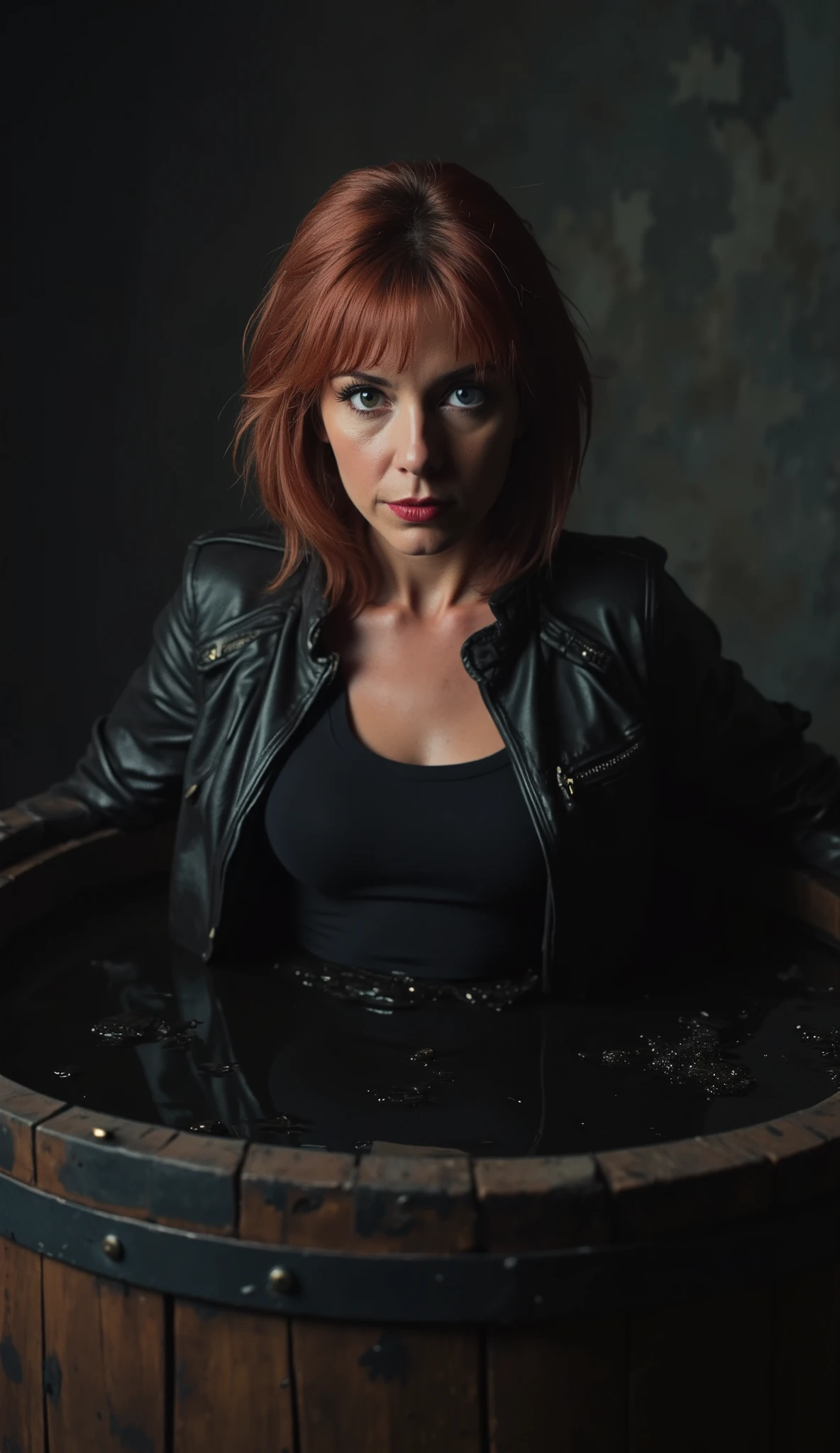 50 years old, smart-looking mom, aged wrinkles ,tight slim-fit dark shirt, sinking, standing sinking in the sludge tiny wooden barrel, An expression of seductive despair  , dark and gloomy studio lighting ,copper mid-cut straight, makeup, red lips, close-up , leather jacket, close-up