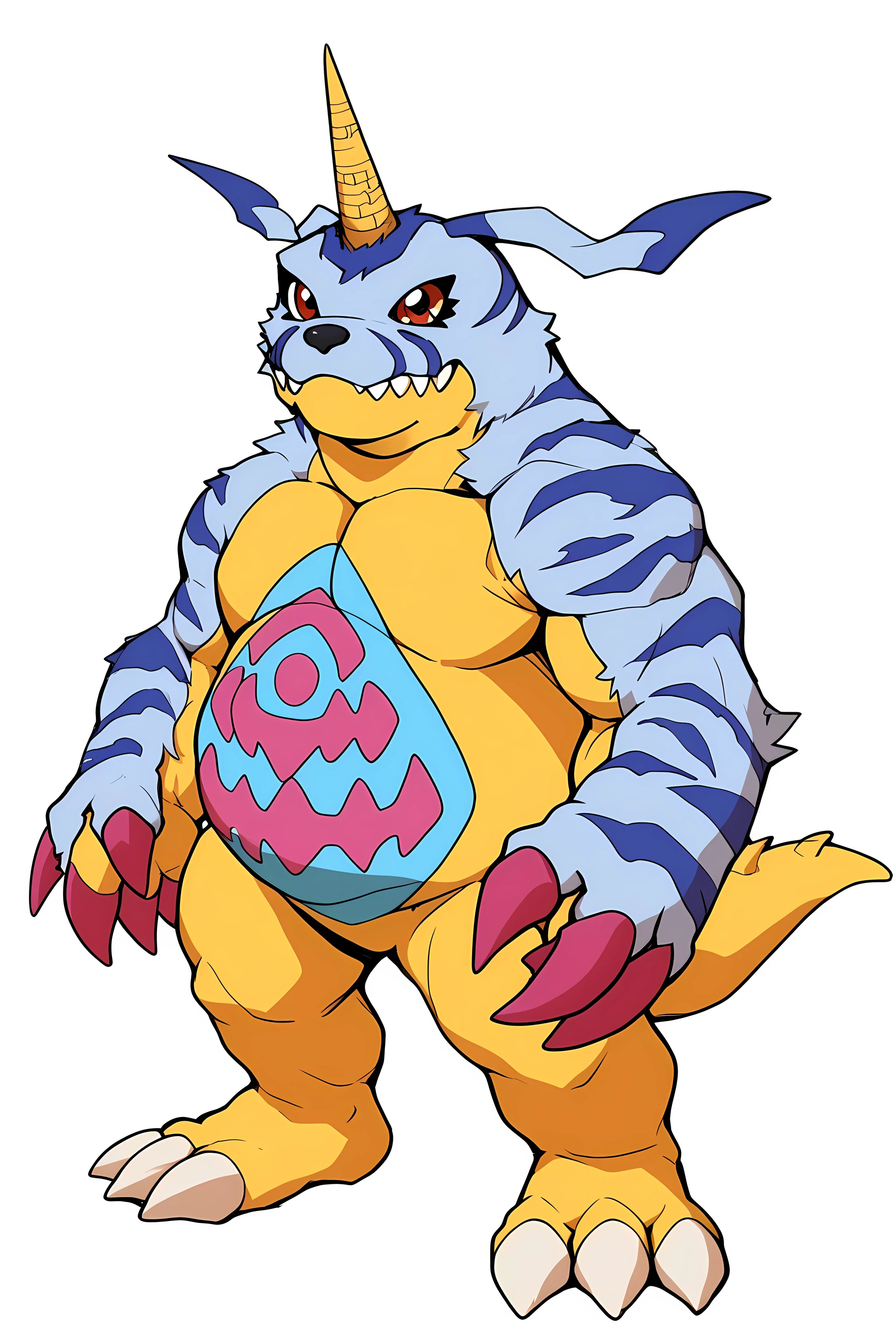 gabumon, digimon, single horn, claws, red eyes, sharp teeth, creature, monster, chubby, pudgy belly, blue and pink markings on belly, blue fur pelt, yellow body, three toes, simple background, white background, solo, pecs, full body, flat colors, muscular legs, muscular, standing, looking at viewer