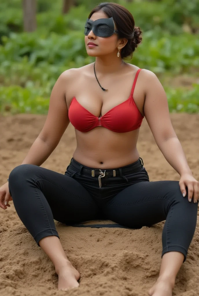 18 years old indian girl model, baby face, short hair, black wrestling mini shorts, athletic body, huge breasts, photography by arny freytag, Indian village street, full body shot, detailed face, make up, posing for camera