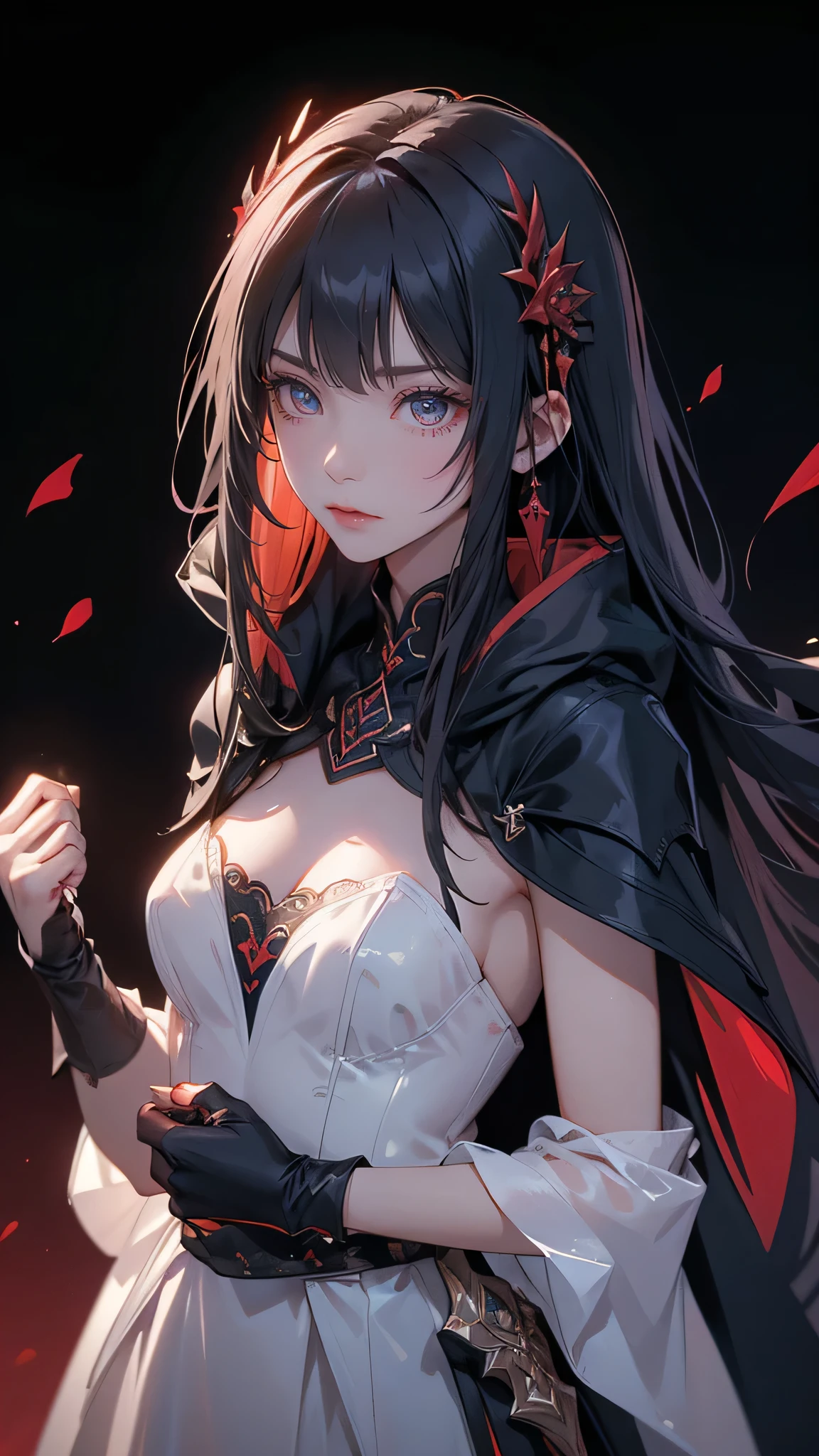 ((Upper body)), (((masterpiece, best quality, high detailed, 16k))) (1girl) A and slender assassin with a mysterious aura, concealed under a dark hood. Her sharp, almond-shaped eyes peer out from under the hood, glinting with cunning and precision. She wears sleek high-tech black armor, designed for stealth and agility, adorned with subtle, intricate patterns. In her hand, she wields a finely detailed dagger, the blade gleaming with a sinister edge, and a striking red gemstone embedded in the hilt. Her cloak billows slightly, adding to her enigmatic presence.