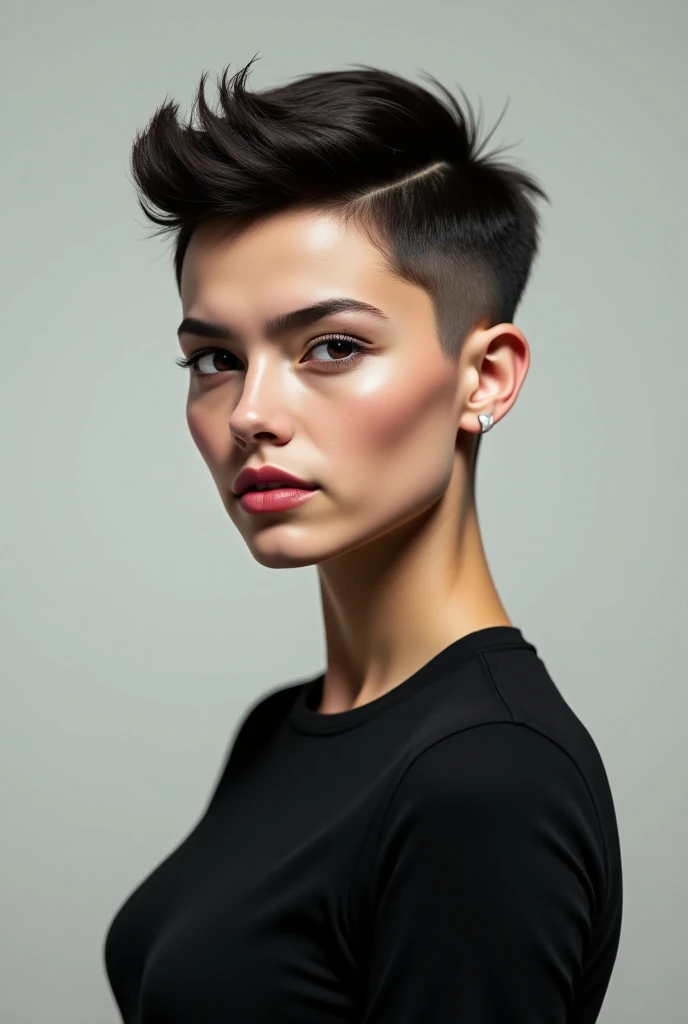 22 yrs Beautiful woman, (pixie fade haircut), right side hair part, ((bald fade)), Flowing sleeveless Dress, (close-up, editorial photograph), [[Wide-angle photo]], (background inside dark, moody, private study:1.3), full body portrait, by lee jeffries, nikon d850, film stock photograph, 4 kodak portra 400, camera f1.6 lens, rich colors, hyper realistic, lifelike texture, dramatic lighting, cinestill 800, eye contact, faint smile, 1920s style, , soft makeup, Dark Hazel eyes, Eye contact, young woman in her 20's,
