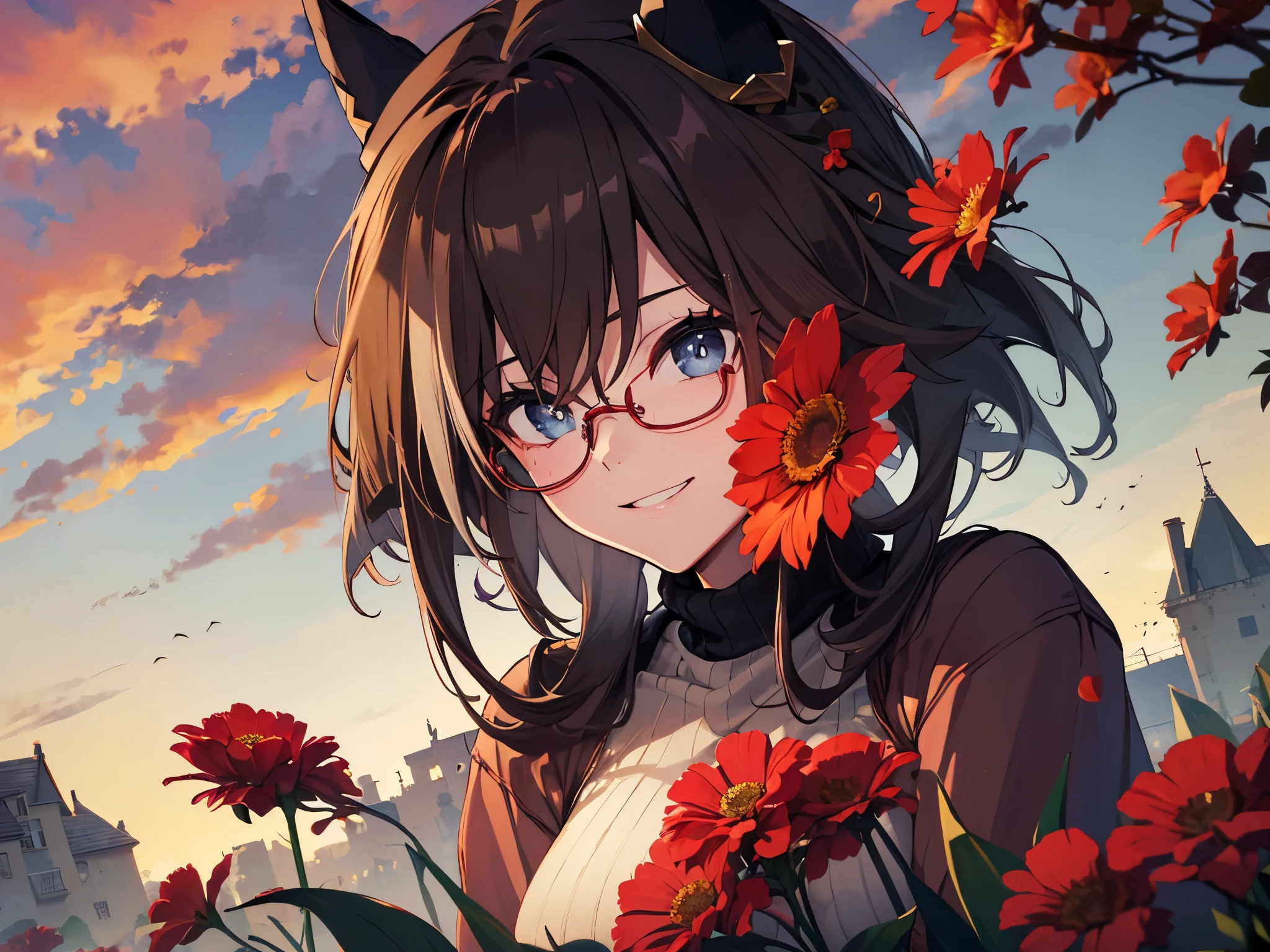 (UHD, retina, masterpiece, accurate, ultra detailed, high detail, high quality, award winning, best quality, high resolution, 8k), underarm, low angle, ((arms folded under chest)), (horse ears), round glasses, ((red turtleneck sweater with vertical stripes)), dark brown half-up, hair accessory, (smiling showing gums), (red sky, inside the castle walls, red flowers blooming), strong wind,