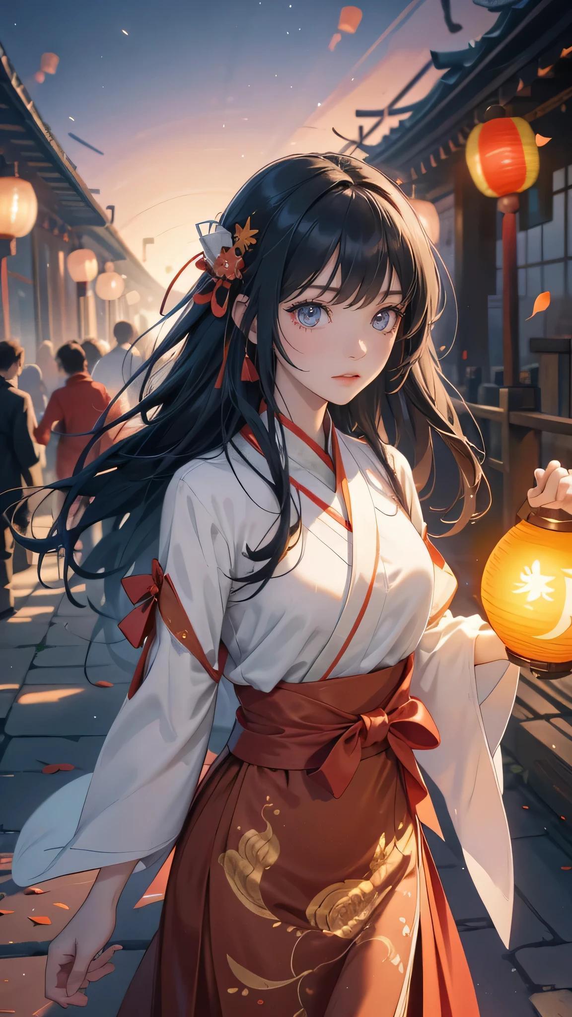 official art, unity 8k wallpaper, ultra detailed, beautiful and aesthetic, masterpiece, best quality, (Fire, water, ribbon, paper cutting), (fractal art:1.3) 1girl,building, (solo:1.5), chinese_clothes, sky, outdoors, wide_sleeves, black_hair, sunset, (falling_leaves:1.2), antern, (paper_lantern:1.5),blue sky, (outdoors:1.5),hanfu, (rainbow-candy:0.8), (style-swirlmagic:0.8),