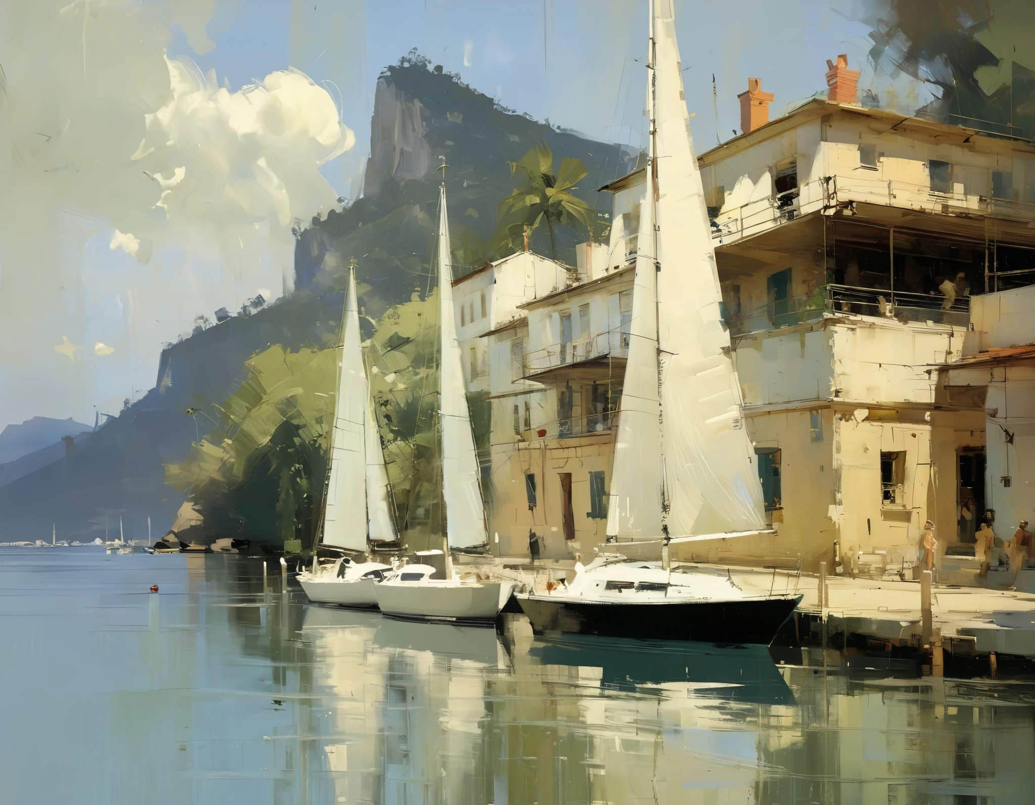 Konstantin Korovin style - oil painting of a beautiful yacht retreat in . RIO DE JANIRO, BRAZIL. Soft colors. Artwork by Abbott Handerson Thayer.jeremy mann style, jeremy mann art, jeremy mann painting, alessandro pautasso art, james gurney painting style, jeremy mann, influenced by jeremy mann, , ryan hewett