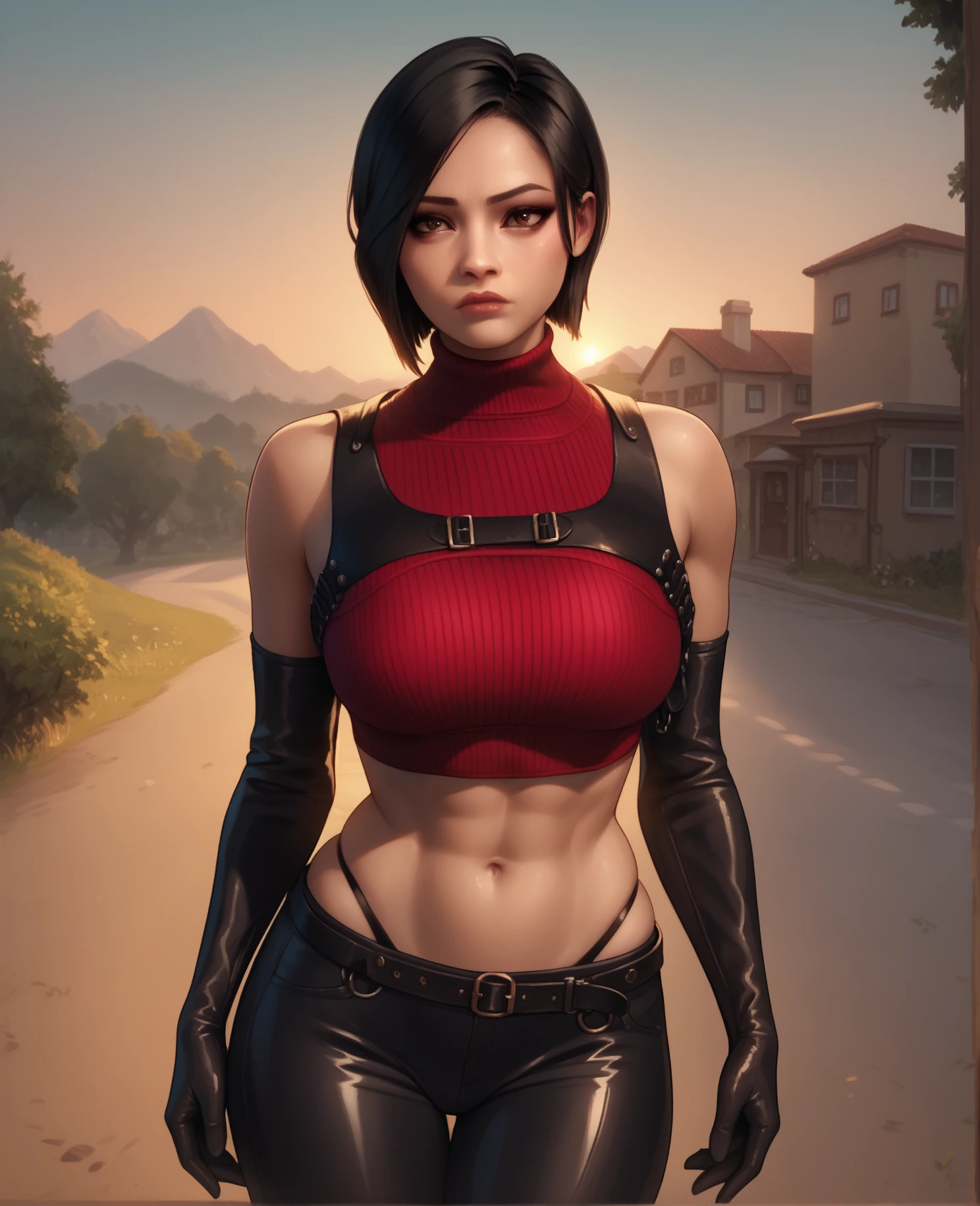 one asian girl, ada wong, bust, solo, grey eyes, bob cut, black hair, choker, nsfw, white skin, (open breasts, naked breasts, exposed breasts:1.2), red corset, shoulders in clothes, masterpiece, highly detailed, look at viewer, shiny blured red background, gradient sprayed background, shy, shy face, calm face, front view, gradient red orange background, blured background, glowing edges of image, hairy pussy, pubic hair, shoulder-belts