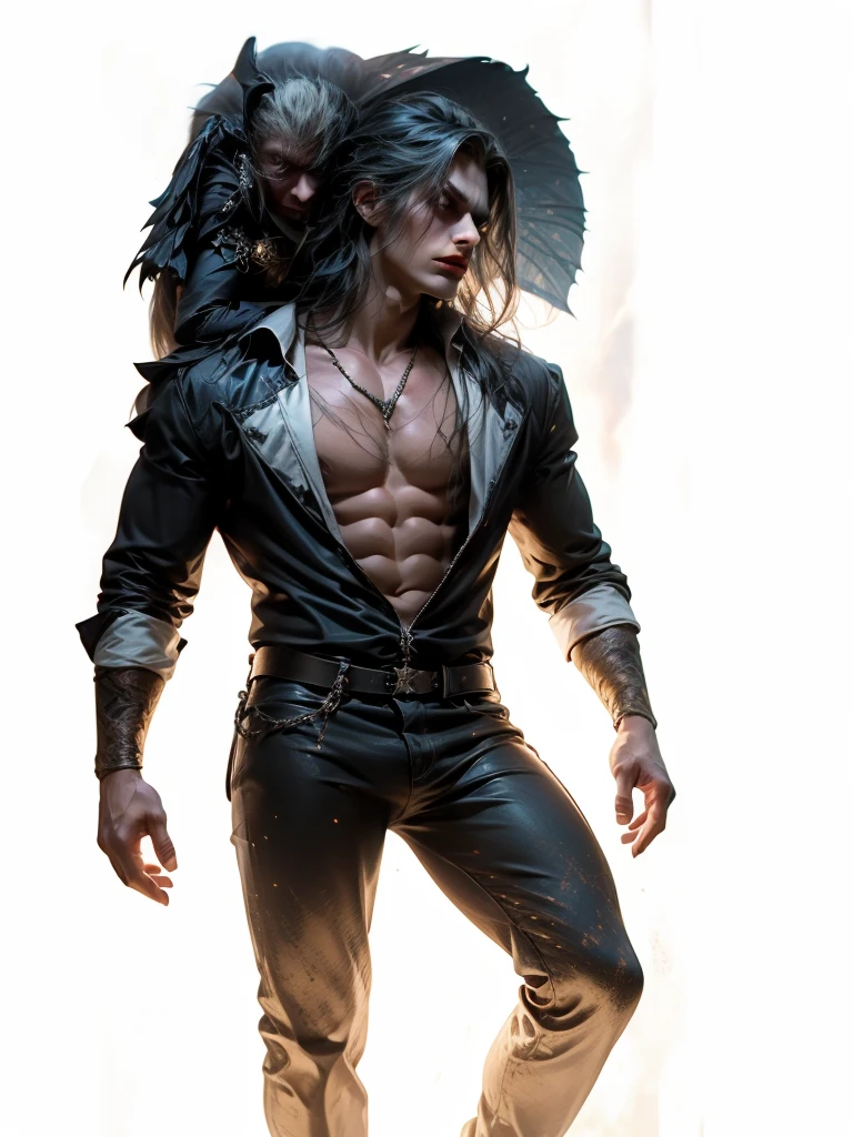 A Woman with demon wings holding a scythe standing behind a Man, Crouching man holding a sword passing behind his body, Mulher de cabelos lisos e preto, Cabelos de tamanho a baixo dos ombros, Homem de cabelos ondulados castanho escuro, Mulher com roupas curtas e rasgadas, man in jeans, Homem com camisa sem manga