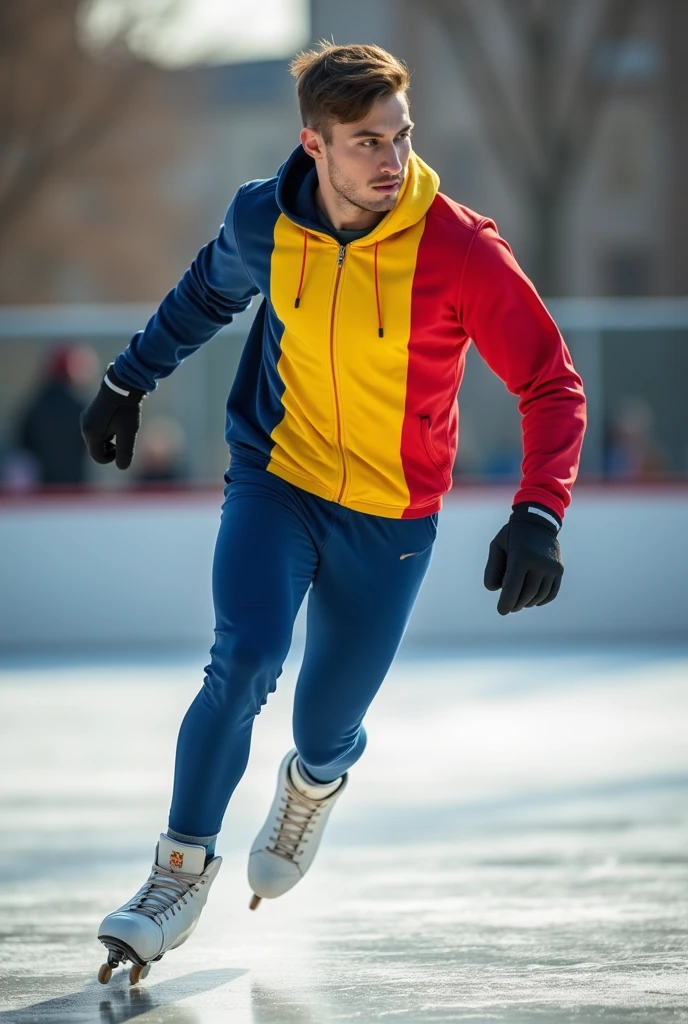 Draw a French national ice skating coach, young adult, swedish blonde,naughty man,pele caucasiana,greeneyes,turquoise ice skates, on the skating rink,wearing a coach's clothes and the Swedish flag