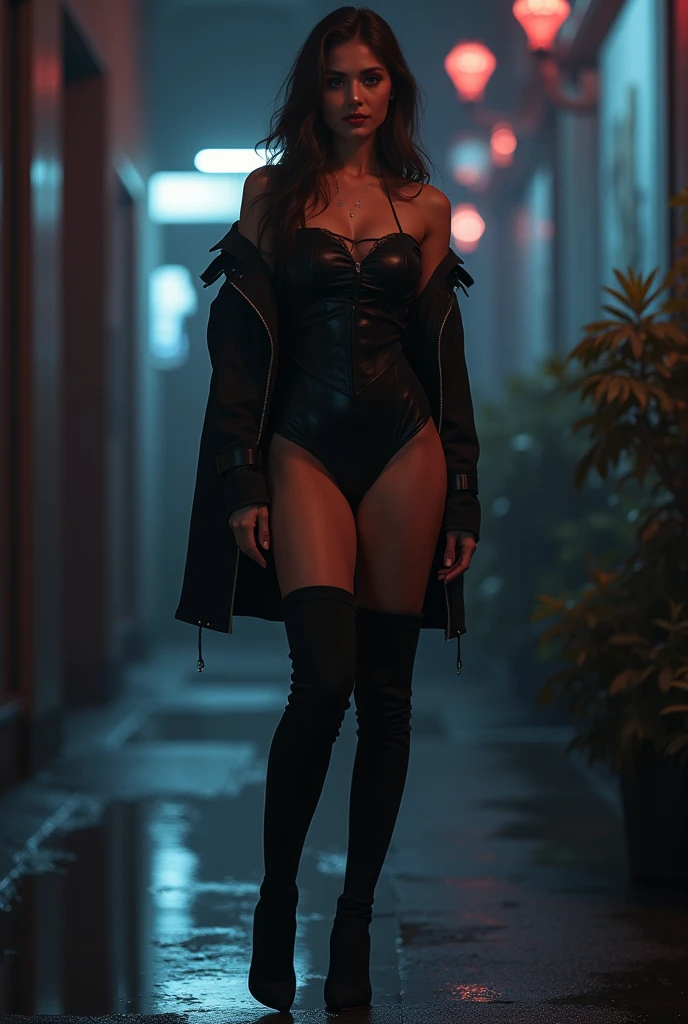 Dieses Bild zeigt eine Engelsfrau, that hovers over a city at night. The lights of the city create a golden and dramatic atmosphere, while its delicate presence and dark wings contrast with the urban environment. Die Frau scheint nackt und wachsam zu sein.