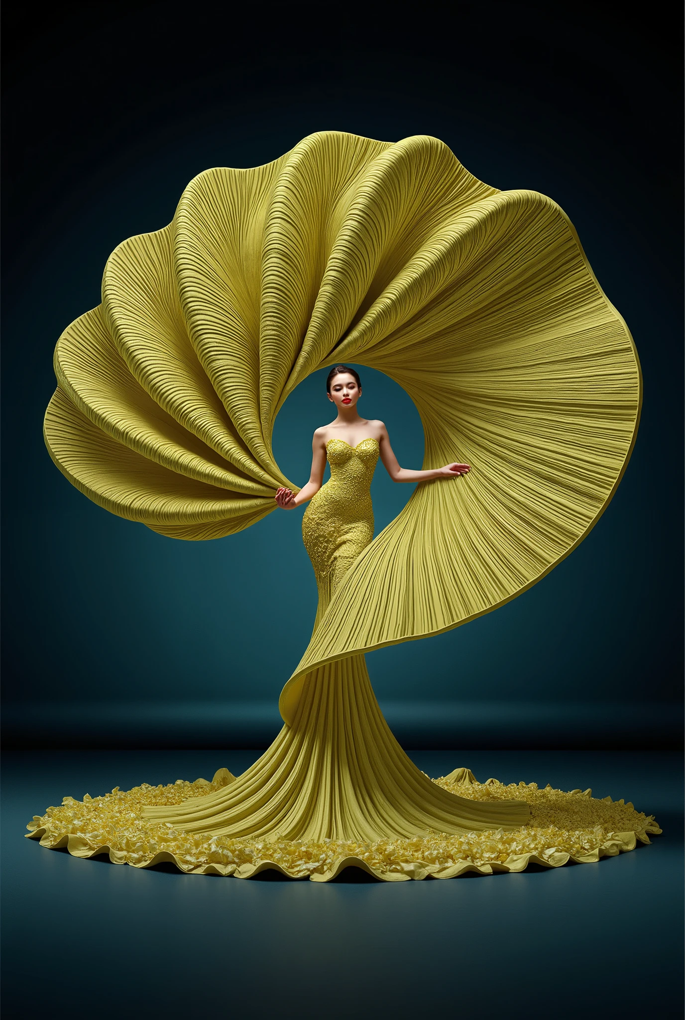 (split black white) A full background, minimal collage artwork featuring a wide and long piece of yellowish green color blanket made of small flower petals covering and envelop a part of the body of a beautiful russian ballerina women red lips, small petals dress, The ends of the flower petal cloth fly up and stick to the wall expands upwards forming a beautiful luxurious and majestic blanket shape(symmetrical shape) stuck to the wall , black wall, Unique poses with flexible bodies, strange poses, unique and beautifu pose against the middle of wall, low light, beautiful and unique masterpiece. very detailed, high resolution, in terms of beautiful appearance, beautiful art, like a beautiful logo,Elegance,SurrealArtStyle,Elegance,Composition
