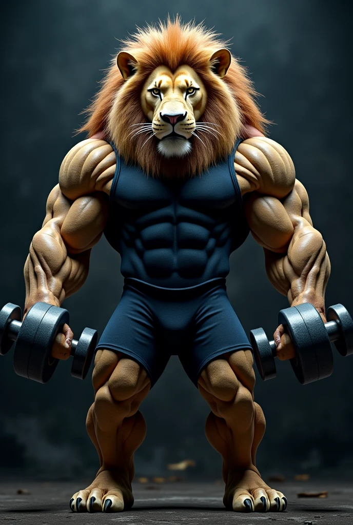 A giant lion with the body of a muscular man, de camiseta colada e chapel. Segurando uma corrente em um senario de cinema bem iluminado.Male bodybuilde wearing a lion mask and posing for a photo, lion body, super buff e cool, large muscles, muscular character, poderoso e enorme, extremely muscular, large muscles, forte e musculoso, the strongest superhero, Ir.. universo, massive muscles, superhero body, forte e imponente, muscular male hero, 2 d full body lion, hyper real render