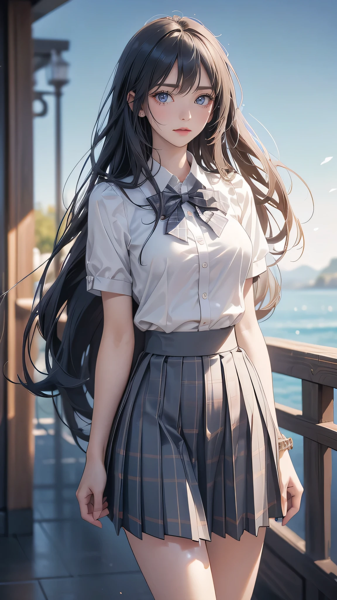 ( masterpiece , high definition, high resolution) full body, light eyes and delicate and beautiful face , long wavy hair on your shoulders . ultra detailed , beautiful breasts and hips , Beautiful legs . ( masterpiece :1.2, de primera calidad), ( realistic , photo realistic :1.4), beautiful illustration ,
looking at the spectator , full body, front view:0.6,
a girl, Japanese, high school girl, ( long hair:1.5), black hair, (halved, halveddo), blows, Hair between eyes, medium breasts :0.8,
Beautiful hair, beautiful face, beautiful and detailed eyes , beautiful clavicle, beautiful body , beautiful chest, beautiful thigh, Beautiful legs , beautiful fingers,
( beautiful landscape ), , school,
(( short sleeve shirt with collar, camisa blanca, school uniform, Gray checkered pleated skirt, Blue Check Bow Tie)), white panties,
(Standing, , lift the skirt , grab the hem of the skirt , Hands on the chest , Hand between legs),
blush, ,