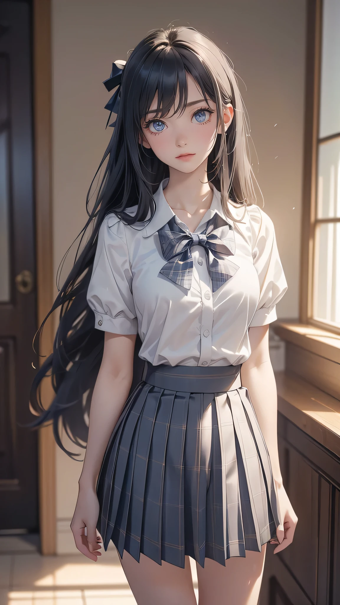 ( masterpiece , high definition, high resolution) full body, light eyes and delicate and beautiful face , long wavy hair on your shoulders . ultra detailed , beautiful breasts and hips , Beautiful legs . ( masterpiece :1.2, de primera calidad), ( realistic , photo realistic :1.4), beautiful illustration ,
looking at the spectator , full body, front view:0.6,
a girl, Japanese, high school girl, ( long hair:1.5), black hair, (halved, halveddo), blows, Hair between eyes, medium breasts :0.8,
Beautiful hair, beautiful face, beautiful and detailed eyes , beautiful clavicle, beautiful body , beautiful chest, beautiful thigh, Beautiful legs , beautiful fingers,
( beautiful landscape ), , school,
(( short sleeve shirt with collar, camisa blanca, school uniform, Gray checkered pleated skirt, Blue Check Bow Tie)), white panties,
(Standing, , lift the skirt , grab the hem of the skirt , Hands on the chest , Hand between legs),
blush, ,