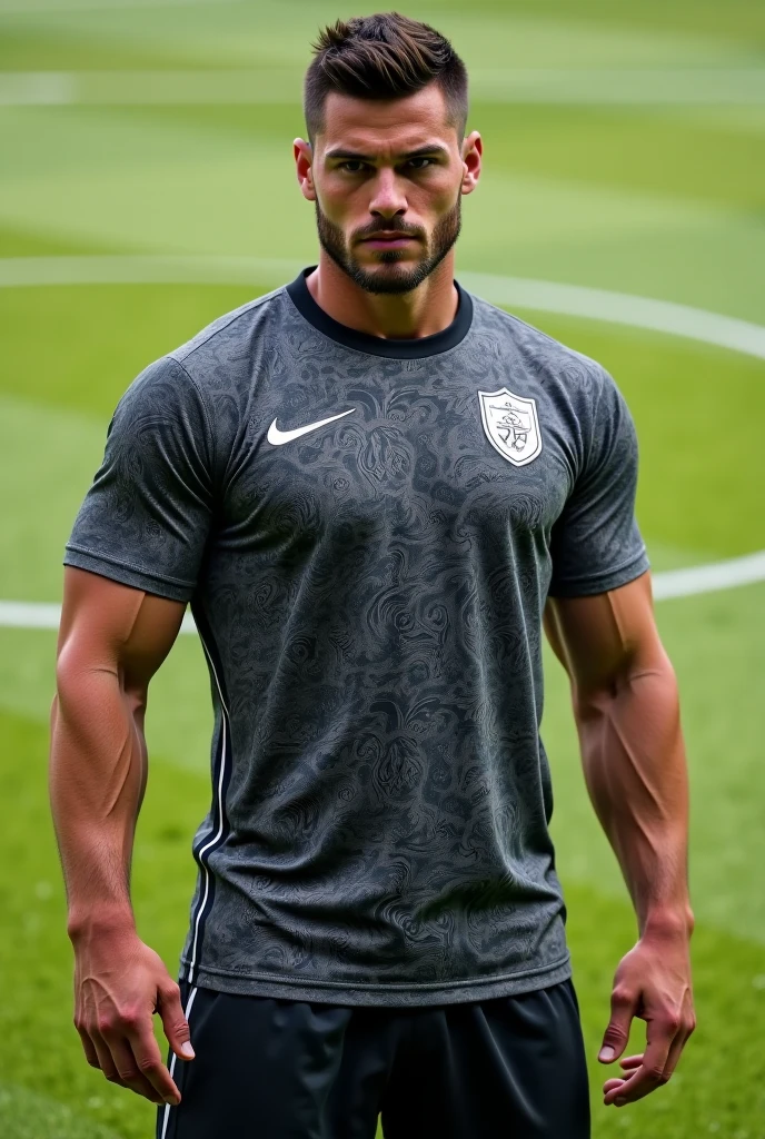 ((Highest quality, 8K, Masterpiece: 1.3))、Thailand Laos Burma Asia, Thai man, A handsome Asian rugby player with short hair, a muscular beard, and big muscles., 1A man who has、 yo、Good appearance、Beautiful nose、smile、 Detailed eyes and face、beautiful light、(studio)、high resolution、(Look at the viewer.)、Fine mouth、smile、whole body: 1.5, perfect shape: 1.3, Picture of both shoulders:1.3, Navy blue round neck t-shirt:1.5