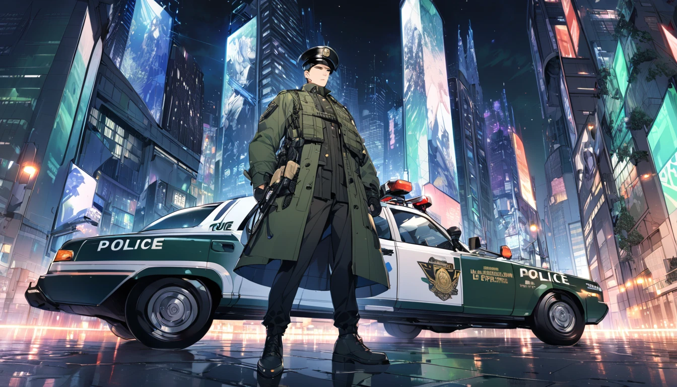 Create a gorgeous anime-style illustration of a full-body man in a military mod coat, holding a police walkie-talkie in front of a police car, radioing.
The design incorporates military elements such as camouflage details to present the man's military mod coat in an elegant and intricate style. Use a color palette of black, brown, and deep green to express a unique military aesthetic. The design is eye-catching, with a hyper-realistic backdrop set in front of a futuristic Tokyo Metropolitan Police Department building, illuminated by dazzling lights.