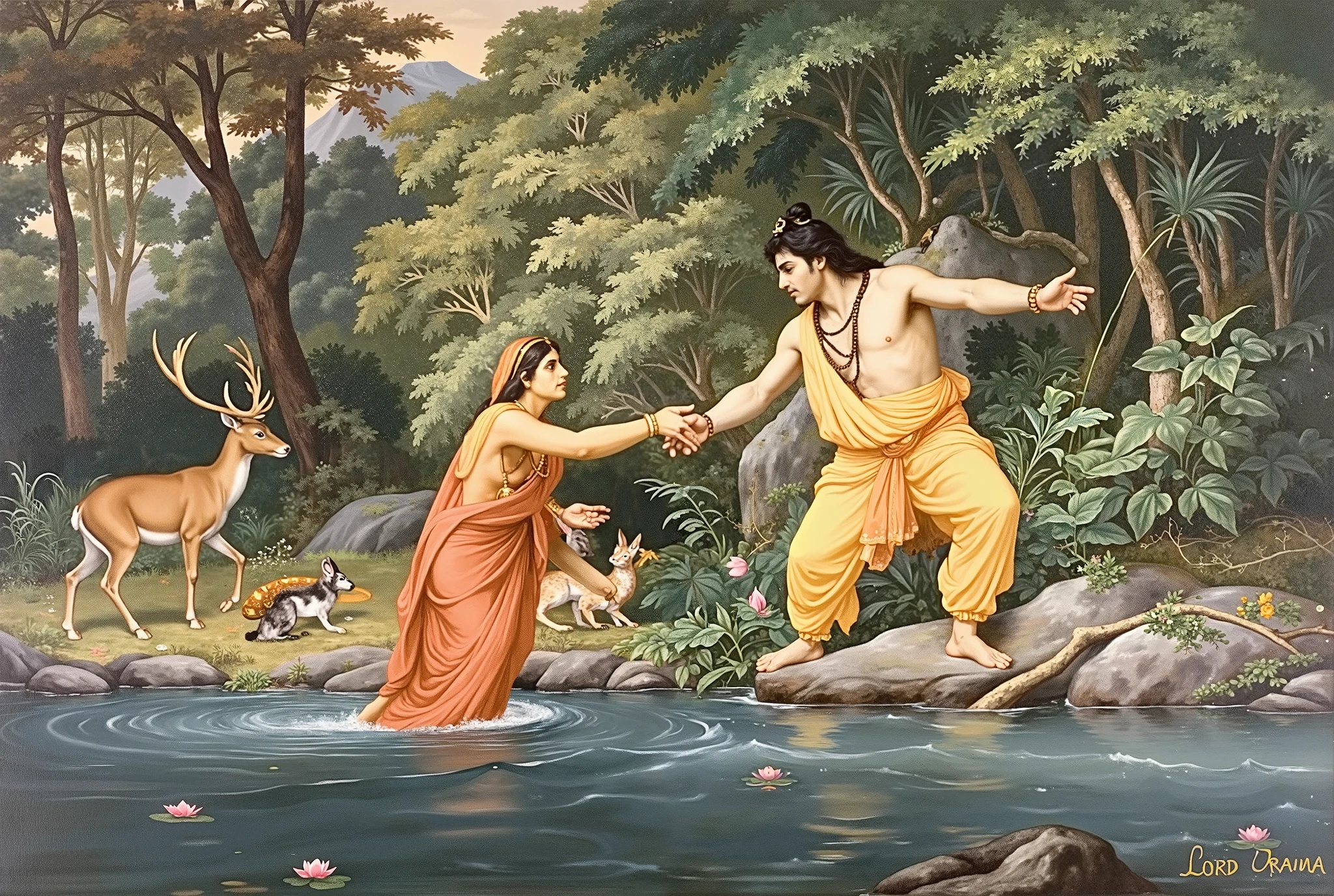 Create a realistic and highly detailed Renaissance-style painting depicting Lord Rama and Sita during their exile in a serene forest. Rama is portrayed standing on the rocky riverbank, offering his hand with a protective and compassionate expression to Sita, who is stepping out of the gentle river. Sita wears an intricately draped saffron-orange saree, rendered with delicate folds that reflect the play of light and shadow, her face radiating grace and trust. Rama is adorned in a saffron dhoti and sacred beads, his muscular form painted with anatomical precision and a divine aura. The setting is a lush, dense forest, with towering trees whose leaves allow dappled sunlight to filter through, illuminating the couple and casting dramatic shadows. The river is calm and reflective, with rippling water adorned with lotus blossoms. Wildlife, including a majestic deer, rabbits, and birds, stands nearby, adding an element of natural harmony. In the background, intricate details of foliage, gnarled tree trunks, and scattered wildflowers evoke a sense of depth and realism. Use a rich color palette with earthy tones for the environment, contrasted with warm, golden light highlighting the couple. The painting should convey an emotional resonance of love, devotion, and divine protection, characteristic of the Baroque style's dramatic storytelling and Renaissance attention to detail.