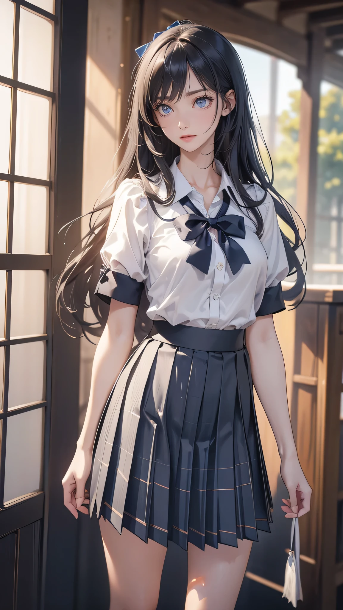 ( masterpiece , high definition, high resolution) full body, light eyes and delicate and beautiful face , long wavy hair on your shoulders . ultra detailed , beautiful breasts and hips , Beautiful legs . ( masterpiece :1.2, de primera calidad), ( realistic , photo realistic :1.4), beautiful illustration ,
looking at the spectator , full body, front view:0.6,
a girl, Japanese, high school girl, ( long hair:1.5), black hair, (halved, halveddo), blows, Hair between eyes, medium breasts :0.8,
Beautiful hair, beautiful face, beautiful and detailed eyes , beautiful clavicle, beautiful body , beautiful chest, beautiful thigh, Beautiful legs , beautiful fingers,
( beautiful landscape ), , school,
(( short sleeve shirt with collar, camisa blanca, school uniform, Gray checkered pleated skirt, Blue Check Bow Tie)), white panties,
(Standing, , lift the skirt , grab the hem of the skirt , Hands on the chest , Hand between legs),
blush, ,