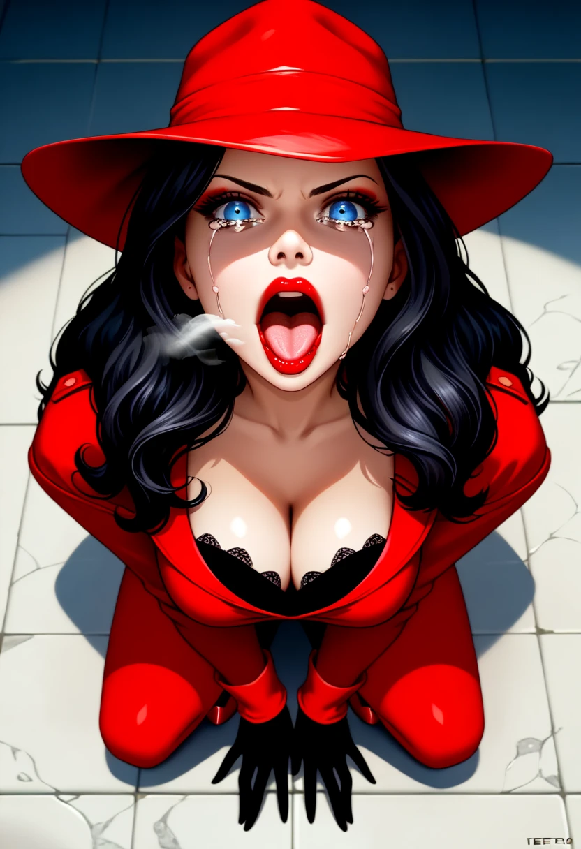 source_cartoon, xcarmenx,
1 girl, solo, ((black hair, long hair, blue eyes, makeup, red lipstick, red hat, gloves, red high heels)) black shirt,
solo, alone, ((lesbian)), ((only girls)), ((sticking hand down her )),
((detailed eyes)), ((detailed face)), ((detailed mouth)),
((masterpiece, HD, high res)), ((beautiful render art)), ((intricate details)), (full body), ((detailed shading)),
((Squatting)), ((kneeling on floor)), ((From Above)), ((POV top view)),
((Directly above angle:1.5)), ((Point slightly upwards)),
((HEAD tilted BACK)), ((eyes squint)), ((black pupils)), (((eyes looking down))), (((looking down))),
(()), ((firm and lifted , )),
(hands visibles, beautiful hands), ((open mouth)), ((mouth wide Open)), ((teeths, )), ((out of breath)),
(((Close-up of face:1.7))), (((face focus))), (((Bring your face closer:1.4))), (((Move your mouth closer))),
((CRYING expression)), ((ANGRY expression)), ((very disheveled)),