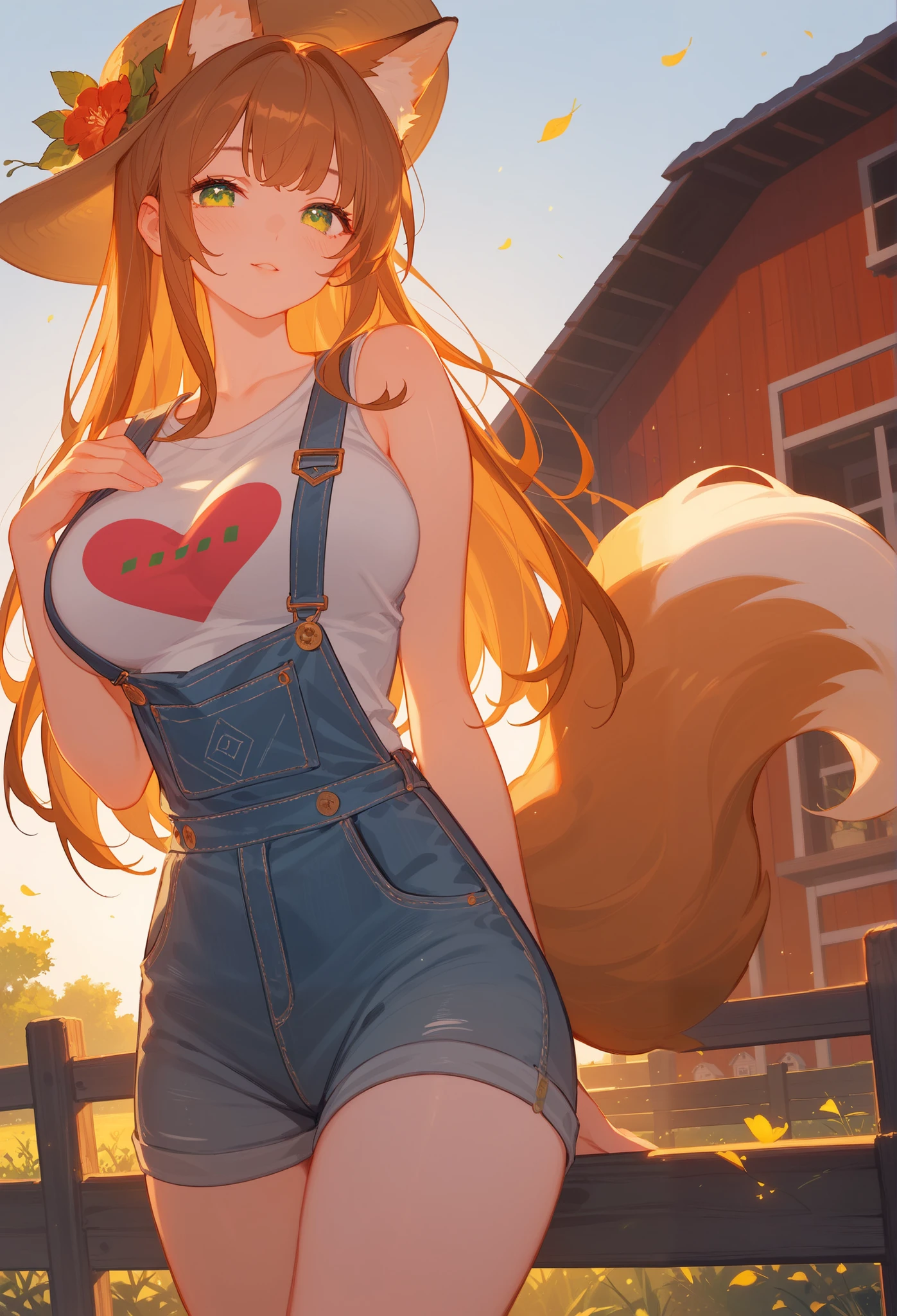 (masterpiece), best quality, highres, ultra-detailed, pastel colors, Girl with Long brown hair, bangs, tender and green eyes, large breasts, adorable blush, adorable face, Tender and adorable body, Fox ears and tail, Beautiful and curvy body, body with nice ass, big breasts, Wearing a skirt and a sleeveless T-shirt, back neckline.
denim overalls, wooden farm shed, rural scene, summer day, natural lighting, dramatic angle, cinematic lighting, official art, dynamic composition, countryside scene,