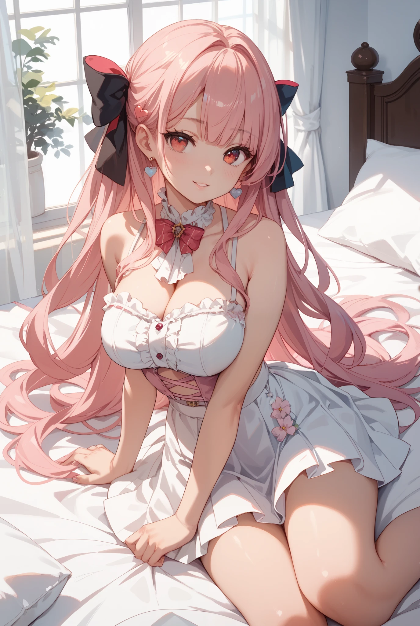 a girl,underwear,big breasts,Lying in bed,legs spread,Pink pleated skirt,masterpiece,high quality