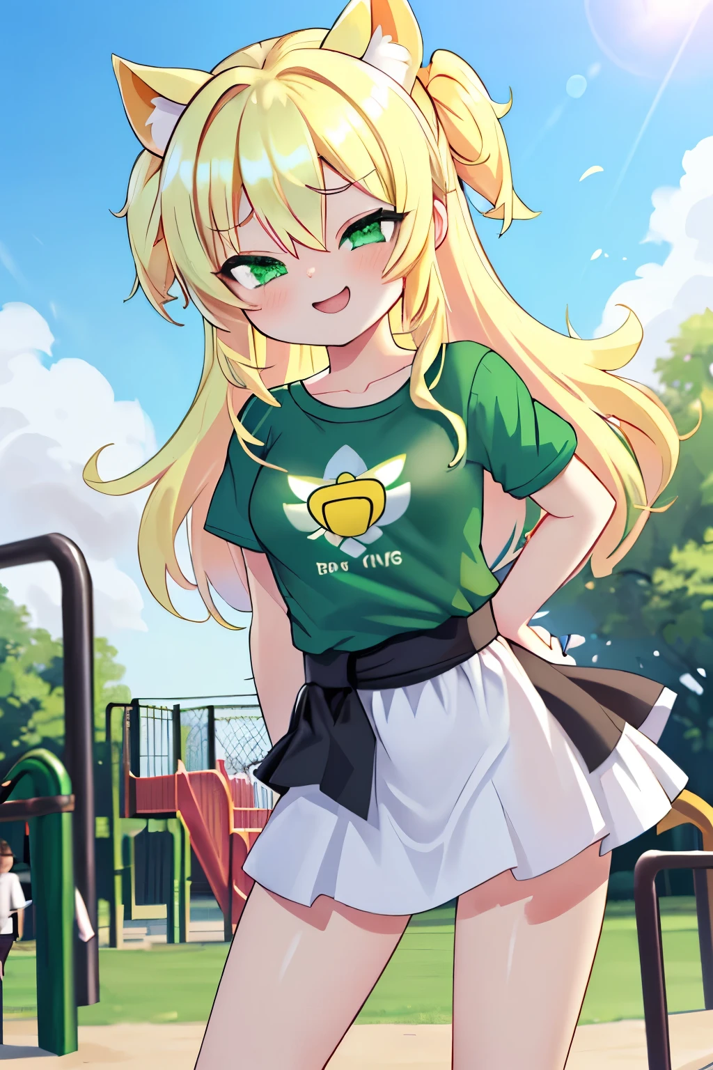 blush, sunshine , sunny, flowers, in the garden, An expression of sarcasm , (( An expression of sarcasm at lens)) The long , bows on curls , Pink bows , ( female , blond hair ذهبي في ذيل حصان, green, eyes, fair skin), (( A short white t-shirt )), ( ), Msujaki face , barefoot , (( in a playground for ren )), brat, Spoiled , a large forward-facing horse tail {x} , (( attractive position )), ( waist area ), (((Emerald green eyes))), (((blond hair))), Familiar, One arm on the hip , He laughed
