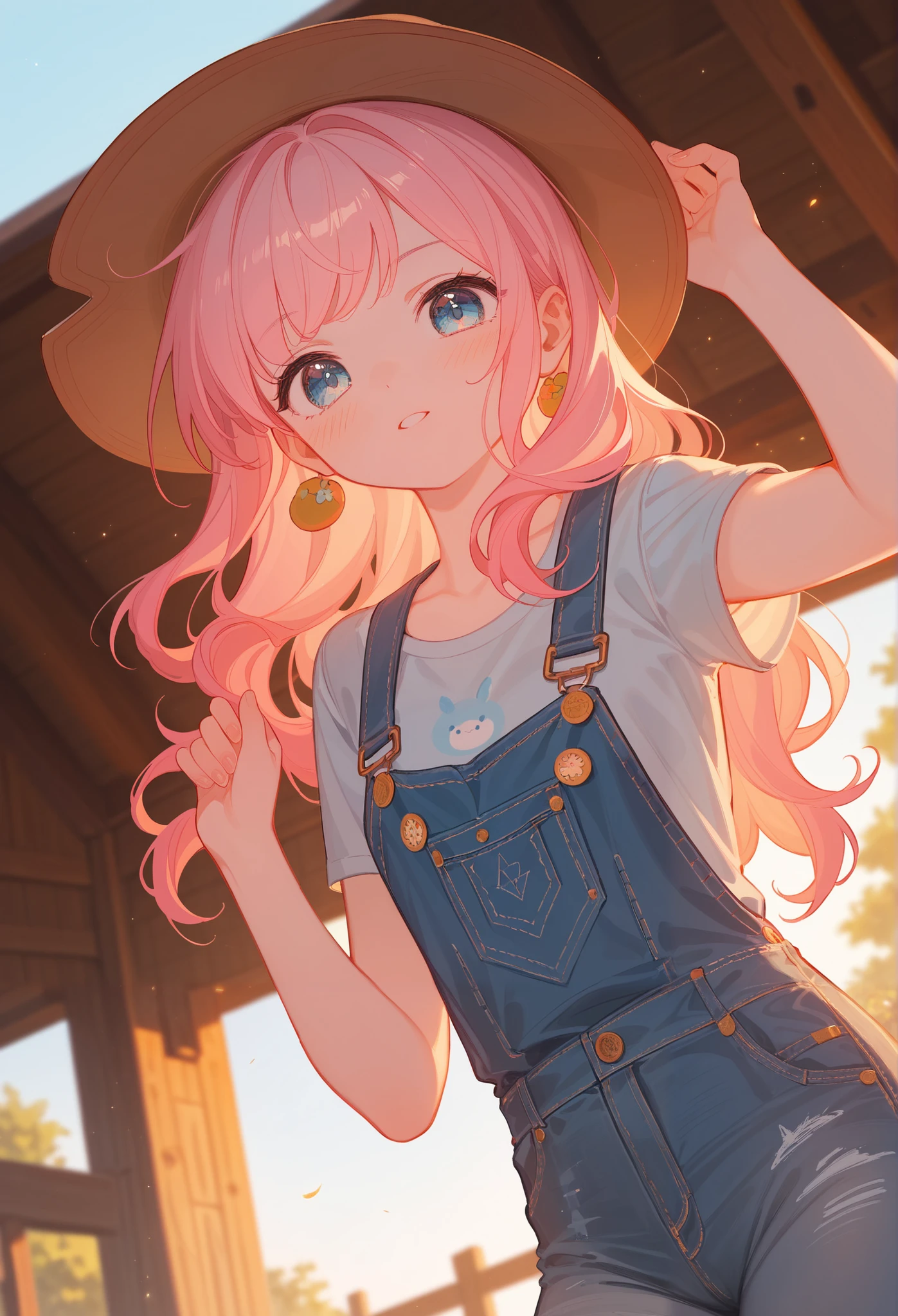 (masterpiece), best quality, highres, ultra-detailed, pastel colors, Girl with long semi-wavy pink hair, tender and bright light blue eyes, Small breasts, adorable blush, adorable face, Tender and adorable body,
denim overalls,wooden farm shed, rural scene, summer day, natural lighting, dramatic angle, cinematic lighting, official art, dynamic composition, countryside scene,