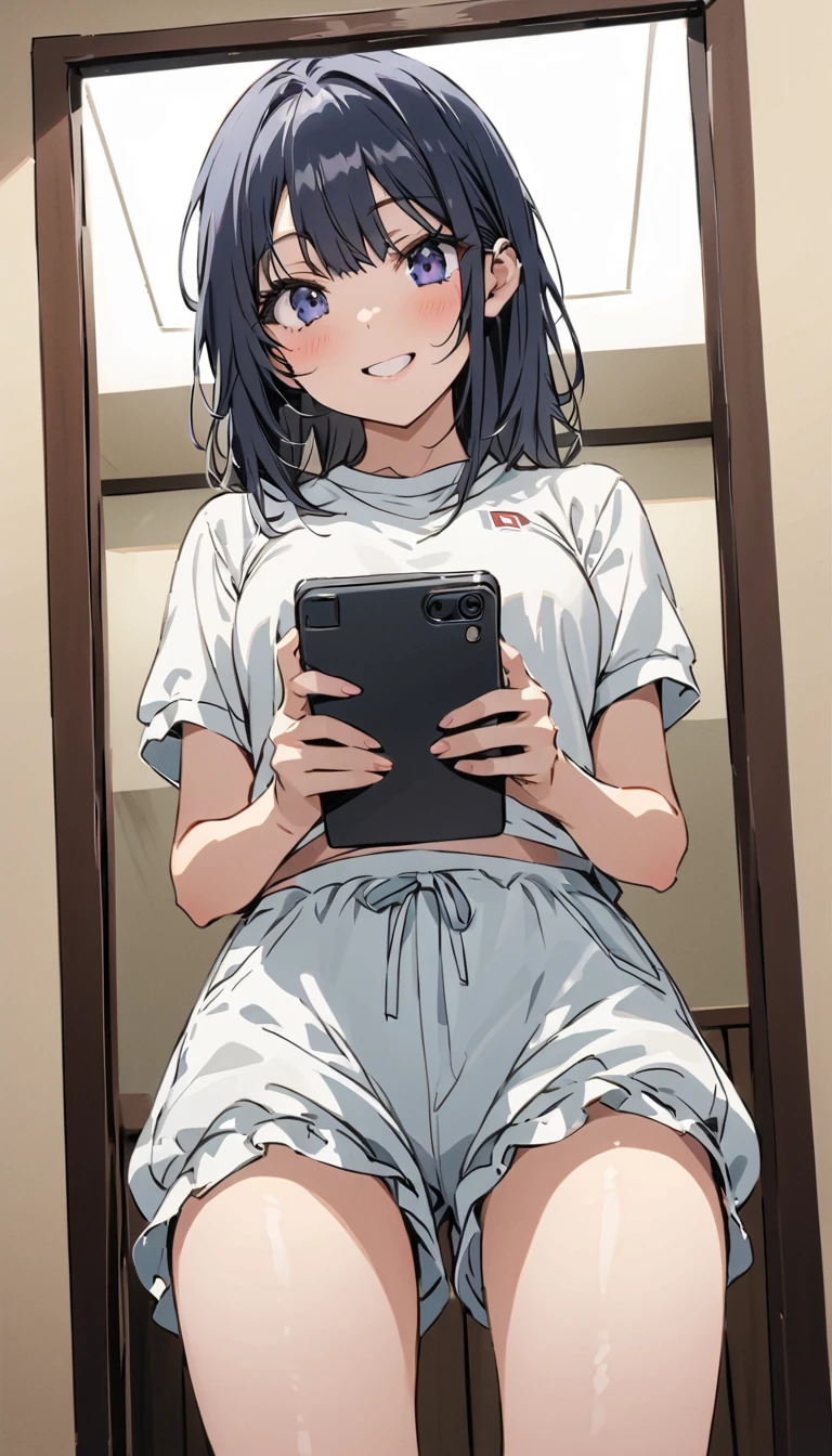 Highest quality, High resolution,1 female,thin、Small face、Brown eyes、expensive、Black hair break、Long Hair、White short-sleeved T-shirt BREAK、(Black Skinny:1.2)、(Beautiful woman:1.5)、Age 25、mature
