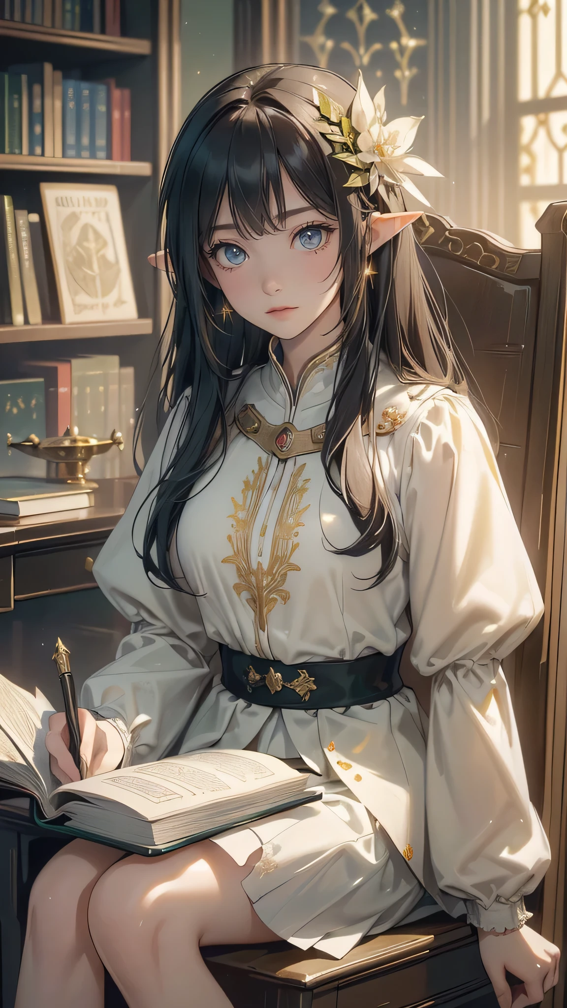(((Masterpiece, highest quality, high definition, high detail)))), one, ((fantasy)))), (elf woman)))), (white short skirt with gold embroidery), (black long straight hair), (gray eyes), (green surcoat with gold embroidery), big, (((National Library of the royal capital)), (A large space with a lot of books)), sit in a chair and read a book , Particles of light flying