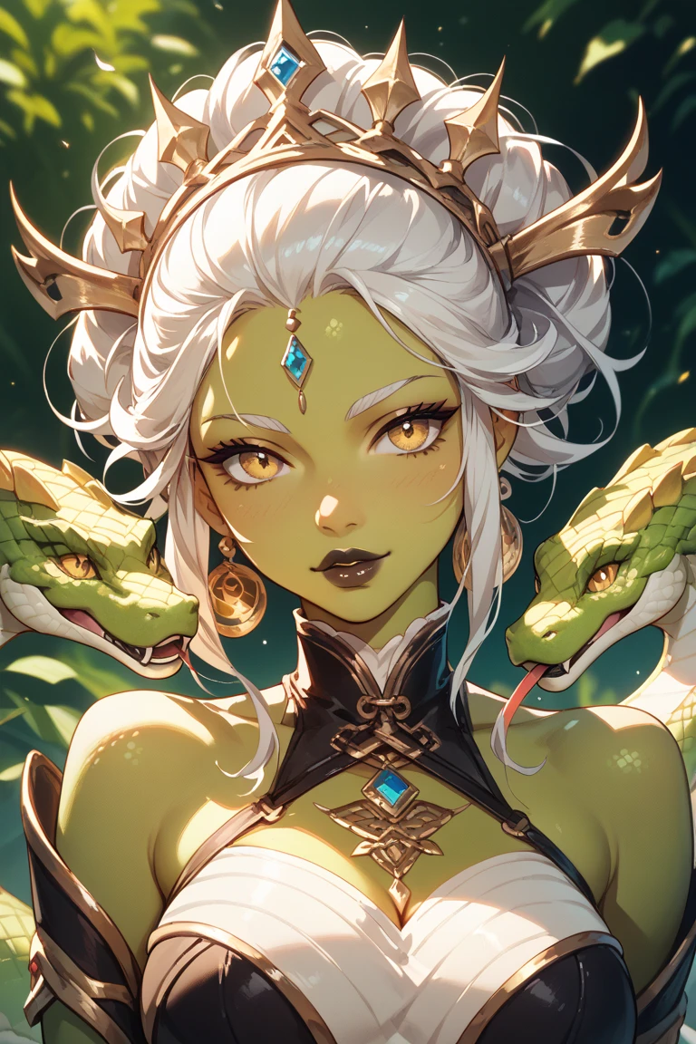 (best quality,4k,8k,highres,masterpiece:1.2), ultra-detailed, realistic, naked sexy dragon woman with green glittering scales, skin is glittering emerald green scales, medium length wavy green hair, very playful but mischievous smile, huge tits, gigantic breasts, naked, nude, detailed crotch, detailed vulva, detailed pussy, sexy pose, spread legs, spread pussy lips, playful, bi-coloured eyes, heterochromia, lustful