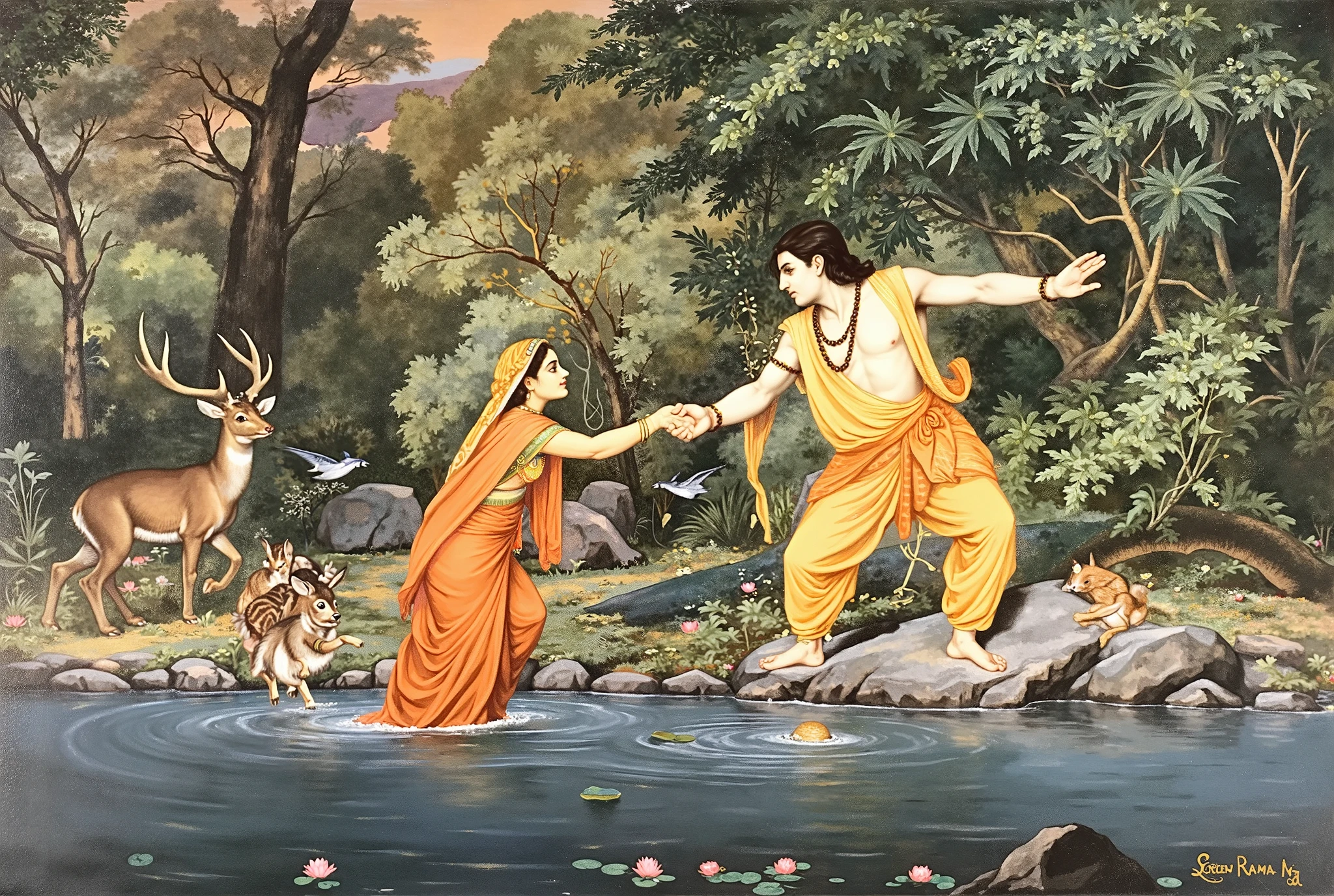 Create a realistic and highly detailed Renaissance-style painting depicting Lord Rama and Sita during their exile in a serene forest. Rama is portrayed standing on the rocky riverbank, offering his hand with a protective and compassionate expression to Sita, who is stepping out of the gentle river. Sita wears an intricately draped saffron-orange saree, rendered with delicate folds that reflect the play of light and shadow, her face radiating grace and trust. Rama is adorned in a saffron dhoti and sacred beads, his muscular form painted with anatomical precision and a divine aura. The setting is a lush, dense forest, with towering trees whose leaves allow dappled sunlight to filter through, illuminating the couple and casting dramatic shadows. The river is calm and reflective, with rippling water adorned with lotus blossoms. Wildlife, including a majestic deer, rabbits, and birds, stands nearby, adding an element of natural harmony. In the background, intricate details of foliage, gnarled tree trunks, and scattered wildflowers evoke a sense of depth and realism. Use a rich color palette with earthy tones for the environment, contrasted with warm, golden light highlighting the couple. The painting should convey an emotional resonance of love, devotion, and divine protection, characteristic of the Baroque style's dramatic storytelling and Renaissance attention to detail.